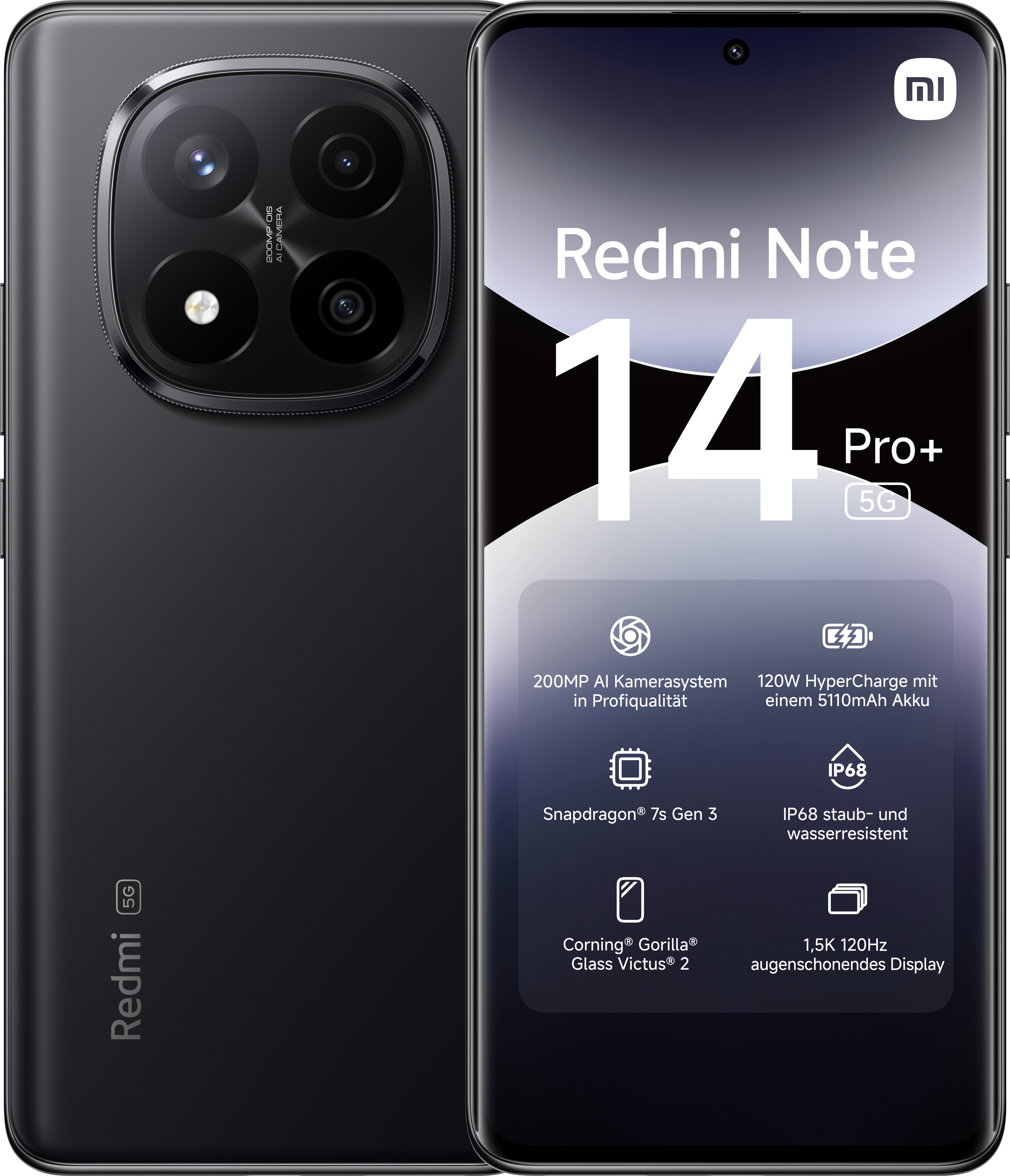 Schwarzes Redmi Note 14 Pro+ 5G-Handy. Funktionen: 200MP Kamera, Snapdragon 7s Gen 3, 120W Laden und 1,5K 120Hz Display.