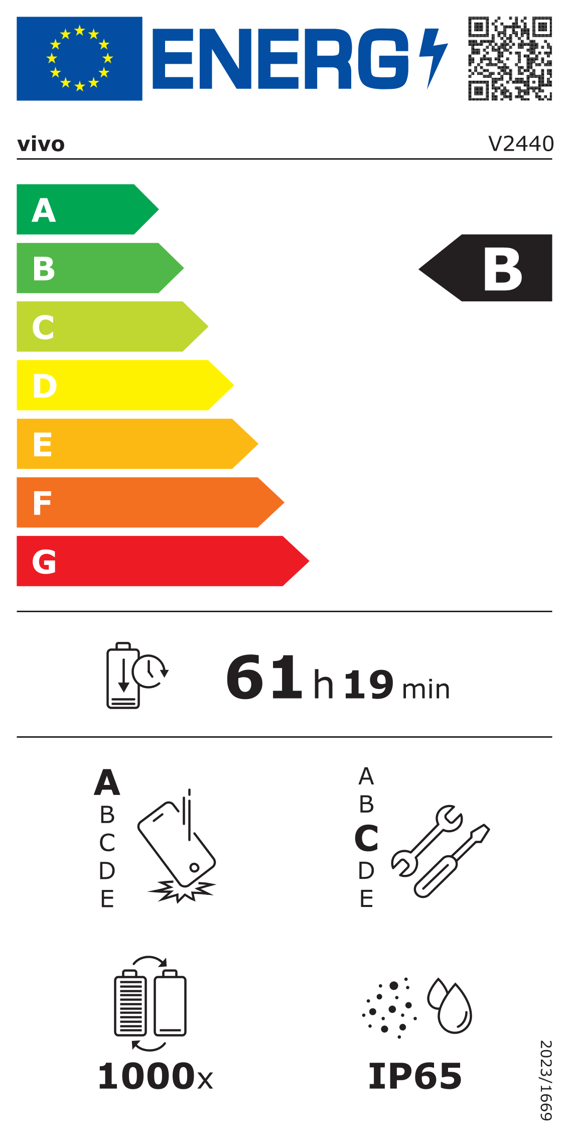Ein Energielabel mit farbcodierten Effizienzklassen, einer B-Bewertung und Symbolen für Akkulaufzeit, Haltbarkeit und Wasserbeständigkeit.