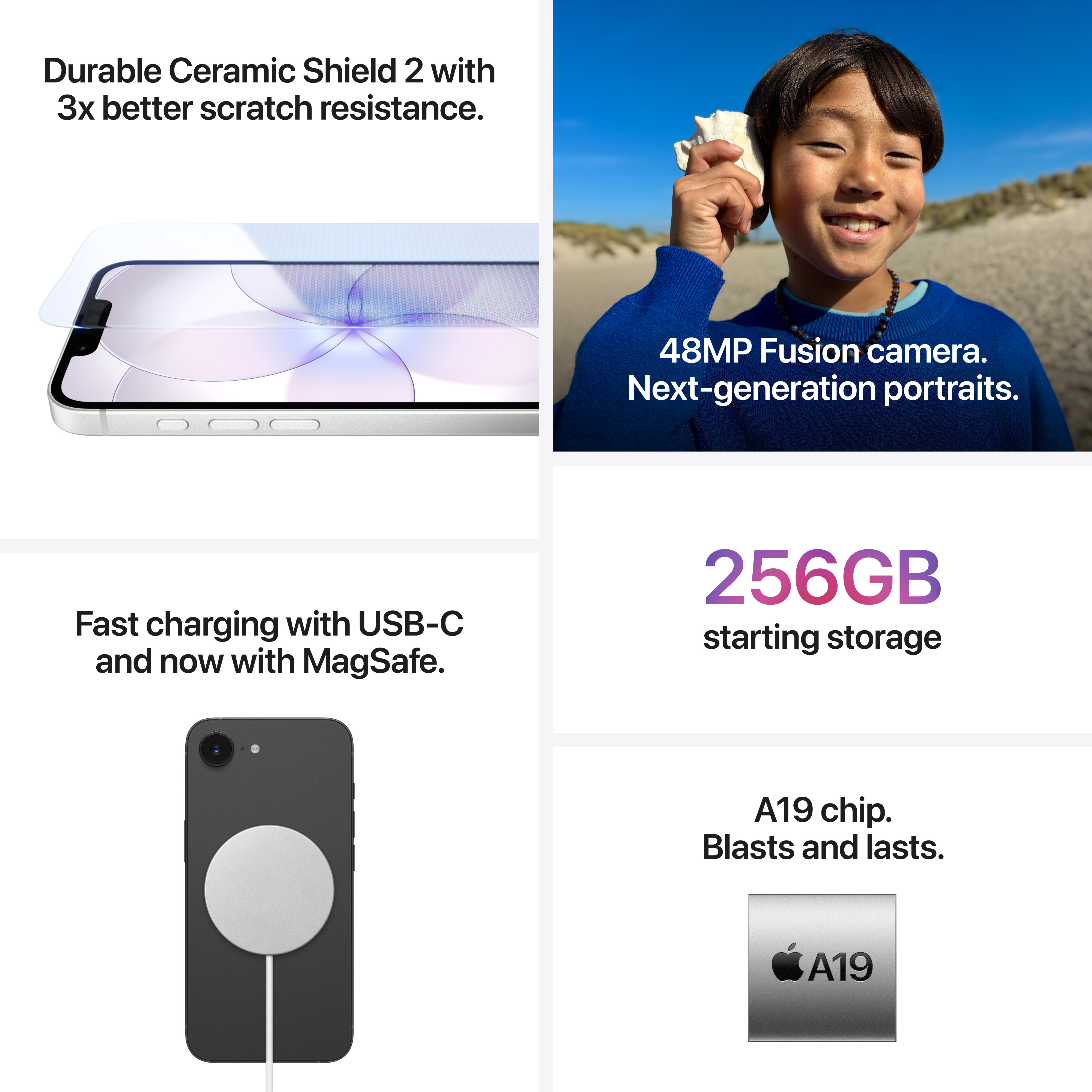 Ein Junge am Strand hält eine Muschel ans Ohr. Ein iPhone mit Ceramic Shield.