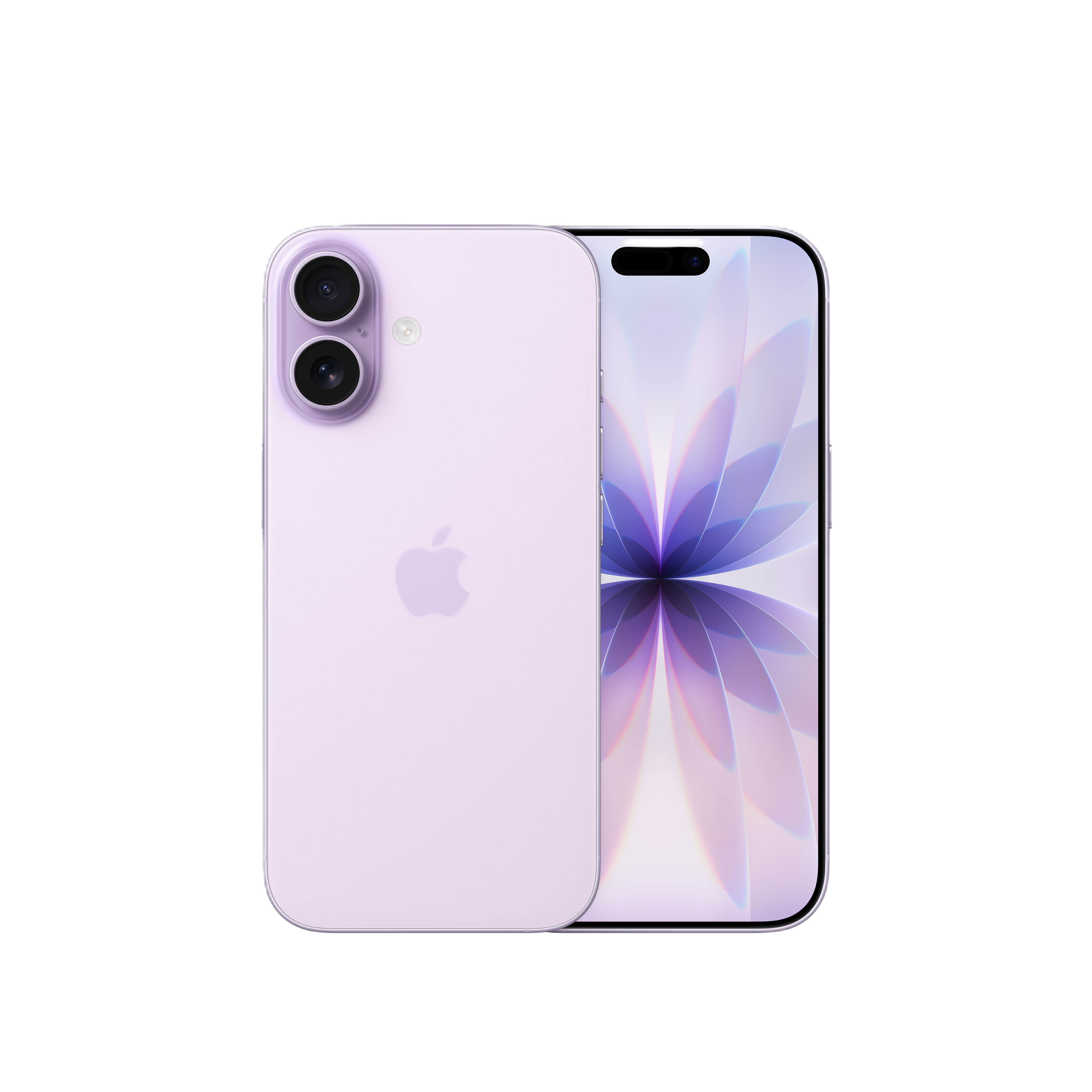 Ein lila iPhone zeigt ein abstraktes Blumendesign auf dem Bildschirm. Die Rückseite hat ein Apple-Logo und Kameralinsen.