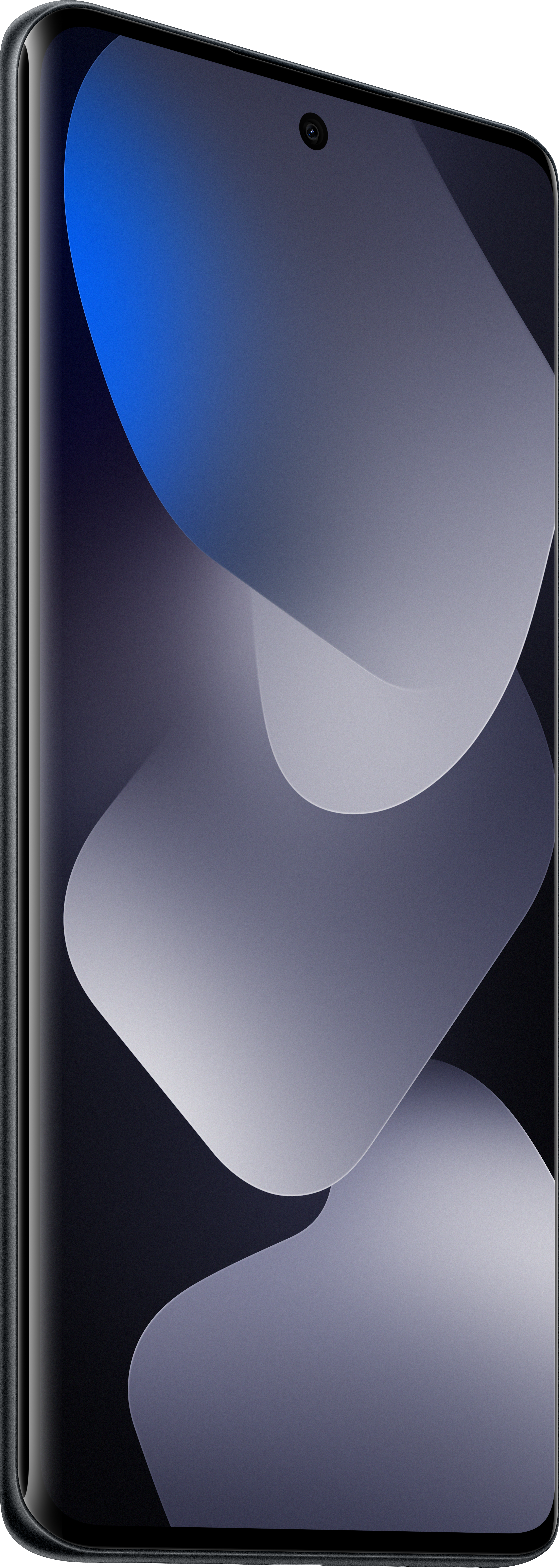 Ein Smartphone mit gebogenem Bildschirm zeigt ein abstraktes Design aus weißen und blauen Formen auf dunklem Grund.