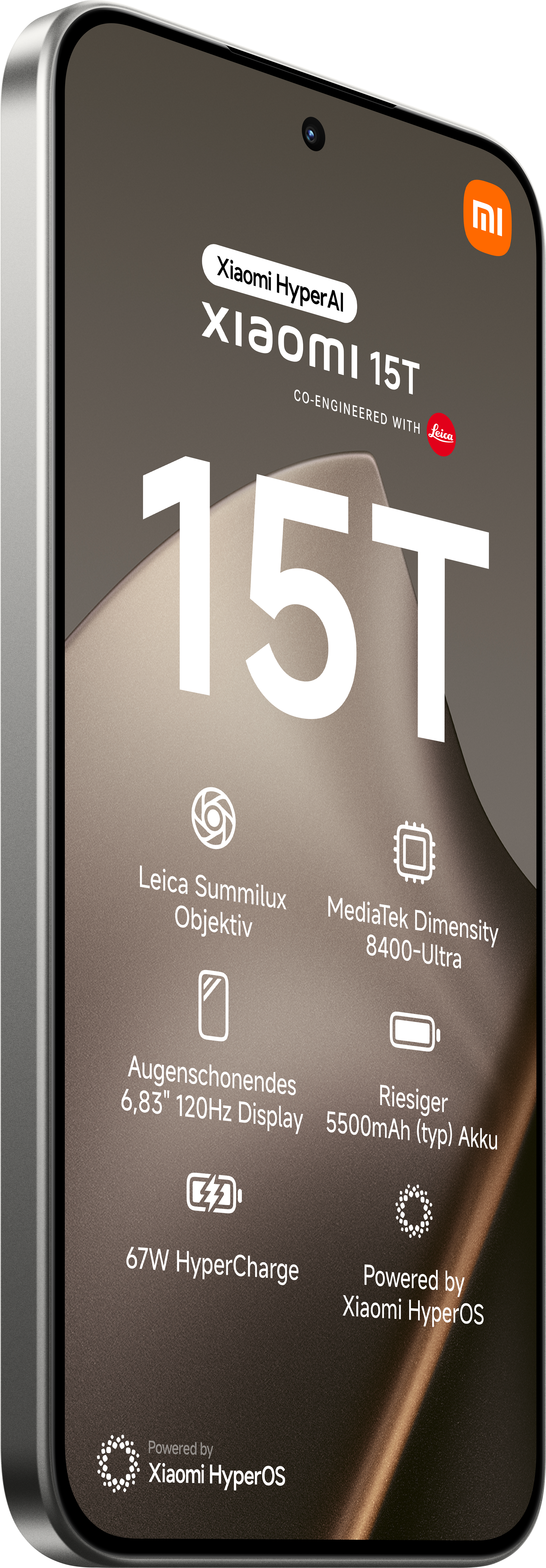Ein Smartphone im Ständer, Xiaomi 15T-Modell, mit Funktionen wie Leica Summilux Objektiv und 67W HyperCharge, auf einem Bildschirm.
