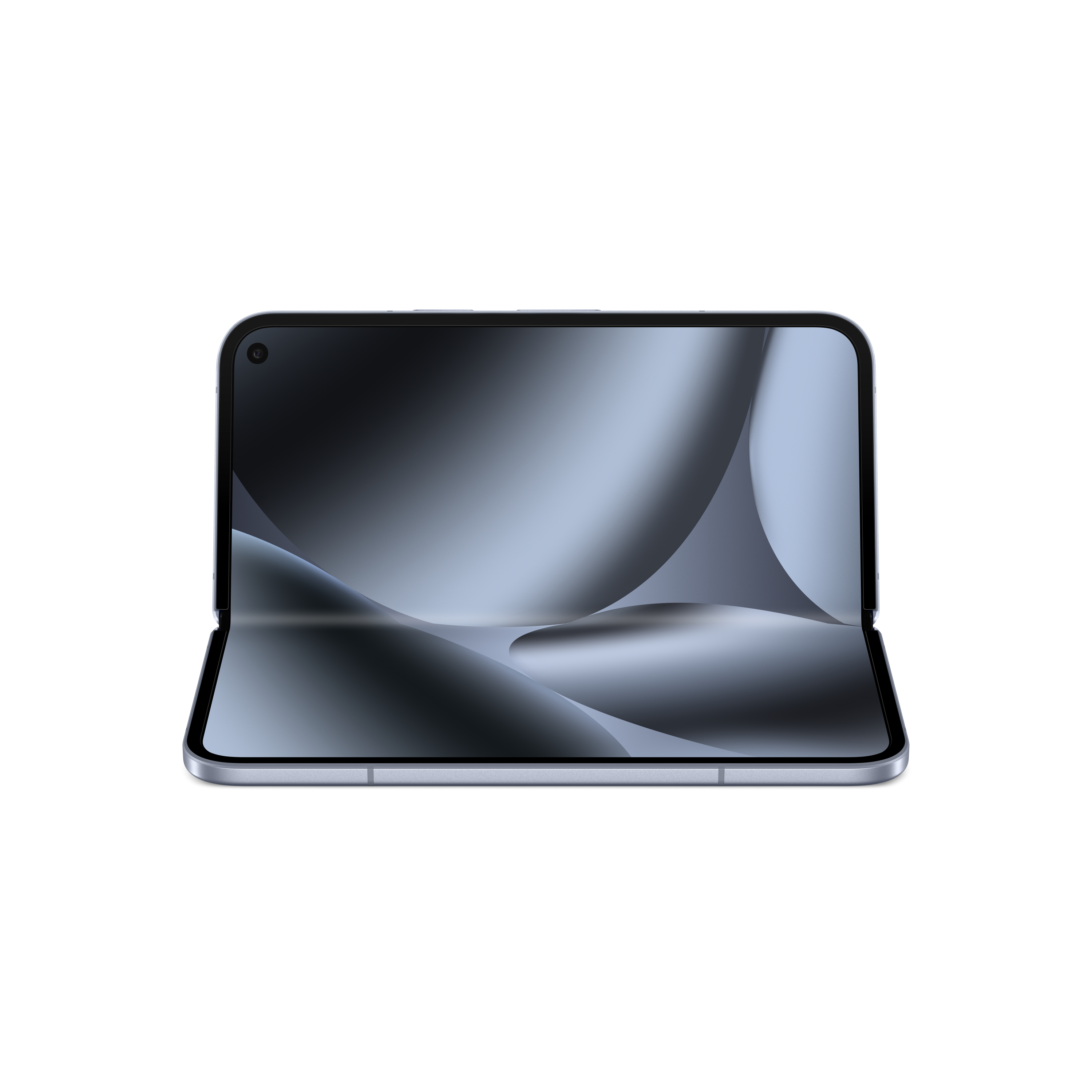 Ein gefaltetes, silbernes Smartphone mit schwarzem Hintergrund. Der Bildschirm zeigt ein helles und dunkles graues Design.