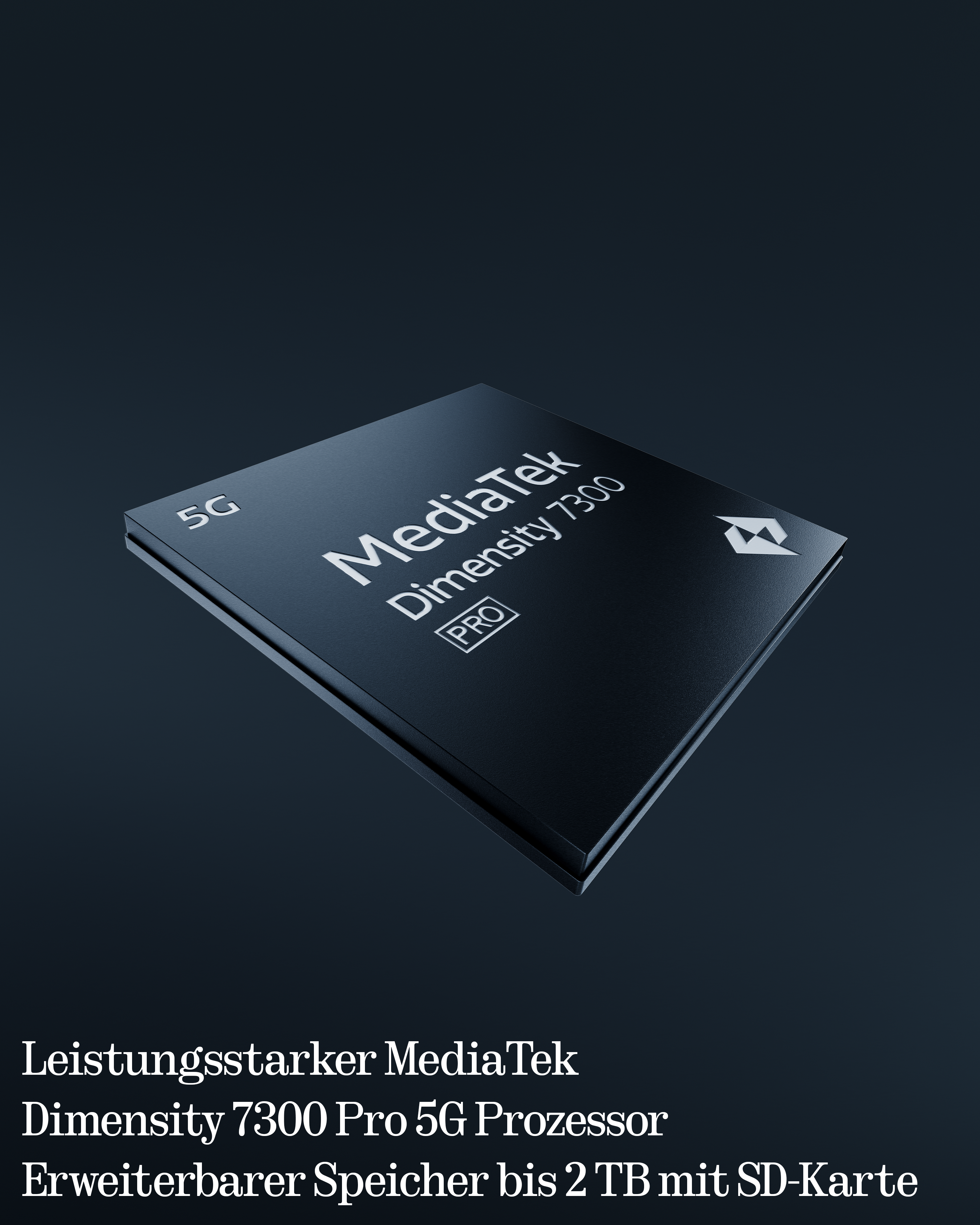 Ein schwarzer MediaTek-Prozessor mit weißem Text. Es lautet: Dimensity 7300 Pro 5G. Der Hintergrund ist dunkelblau.