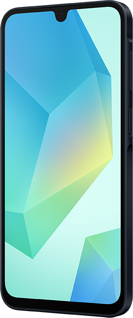 Nahaufnahme eines Smartphones, dunkelblaues Gehäuse, geometrischer Hintergrund.