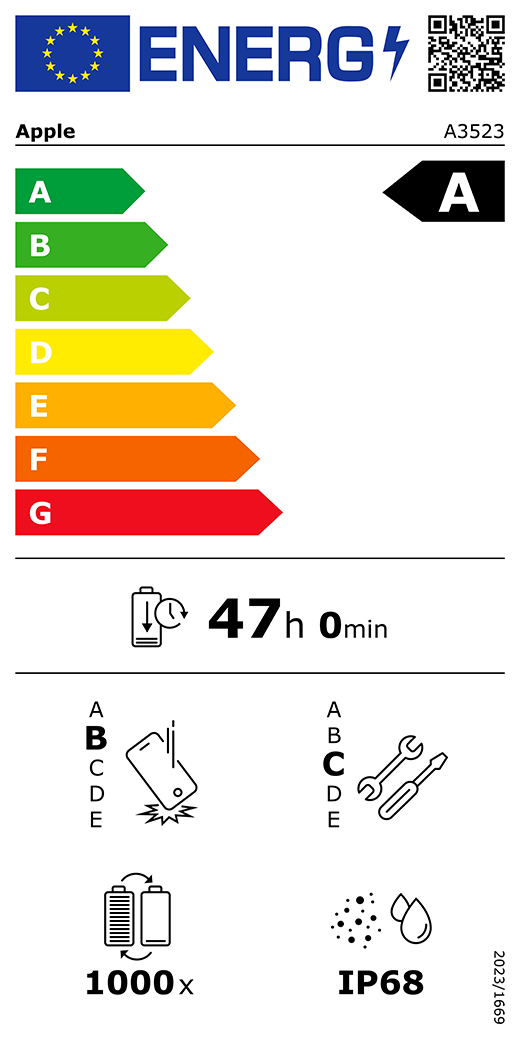 Energielabel für Apple-Produkt. Zeigt Energieeffizienz, Akkulaufzeit (47h) und Symbole für Haltbarkeit und Wasserbeständigkeit.