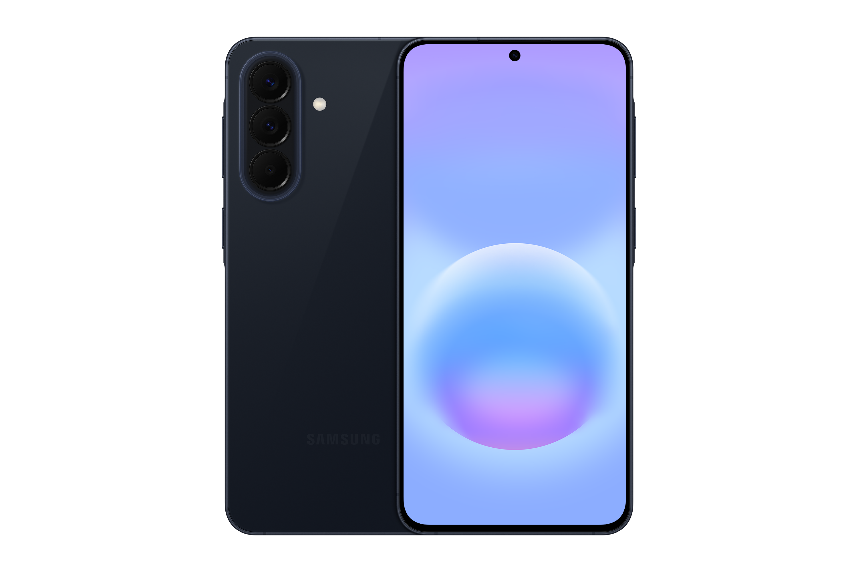 Dunkelblaues Smartphone mit drei Kameras auf der Rückseite und blauen/violetten Hintergrund.