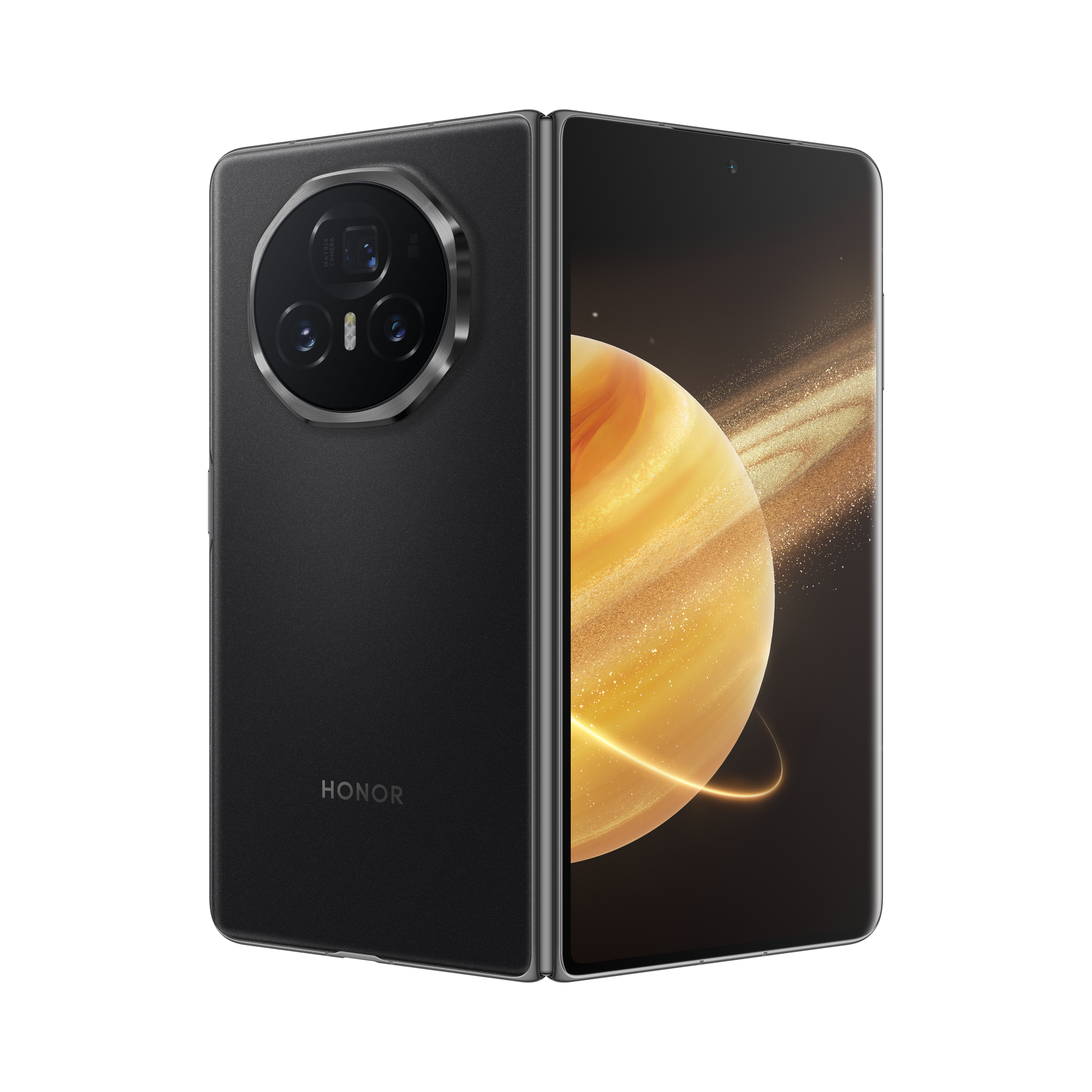 Schwarzes HONOR-Telefon, gefaltet. Der Bildschirm zeigt ein planetenähnliches Bild. Rückseite mit Kamera.