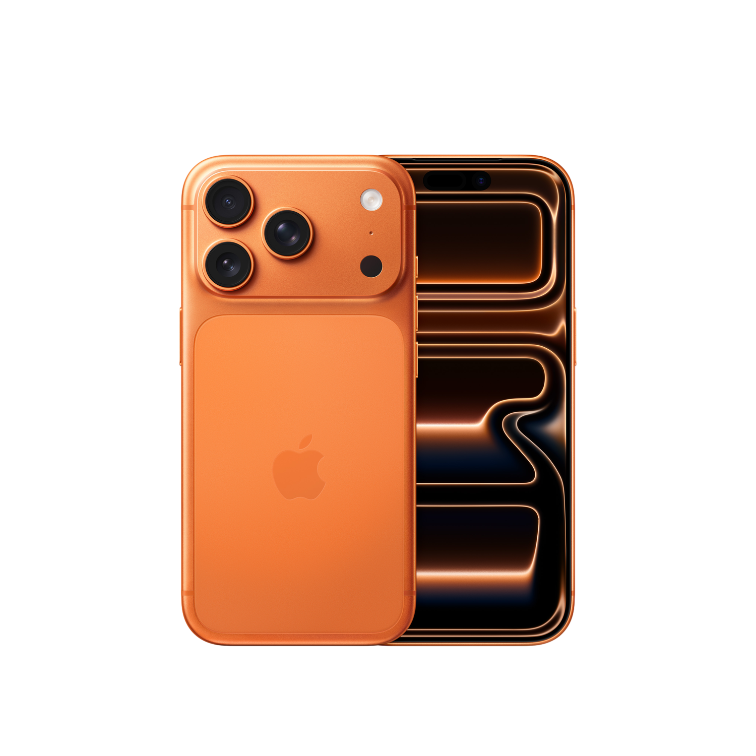 Ein orangefarbenes iPhone mit drei Rückkameras und einem Apple-Logo. Der Bildschirm zeigt ein leuchtendes, abstraktes Design. Vor schwarzem Hintergrund.