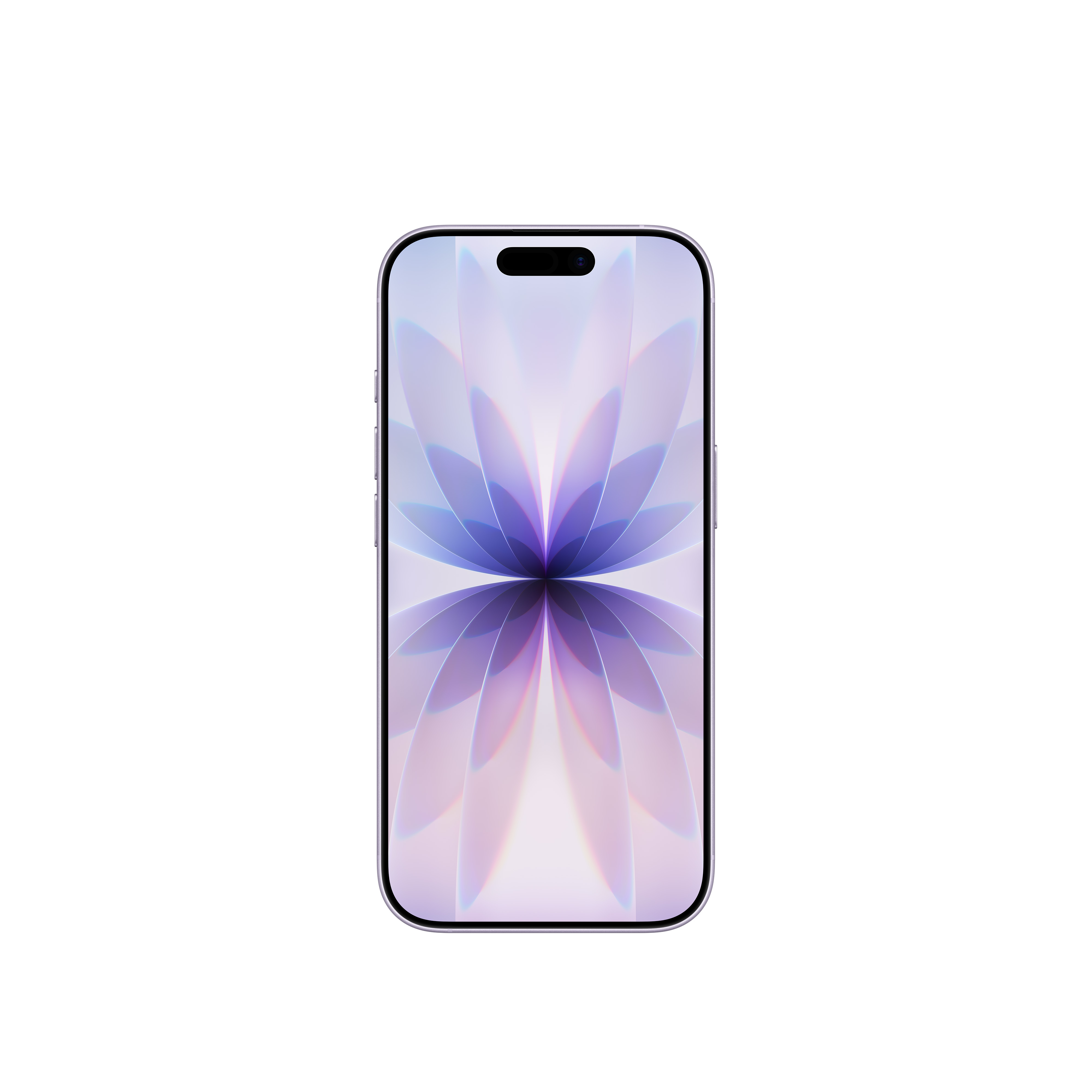 Ein Smartphone mit floralem Design auf dem Bildschirm. Es hat eine Frontkamera und einen weißen Hintergrund.