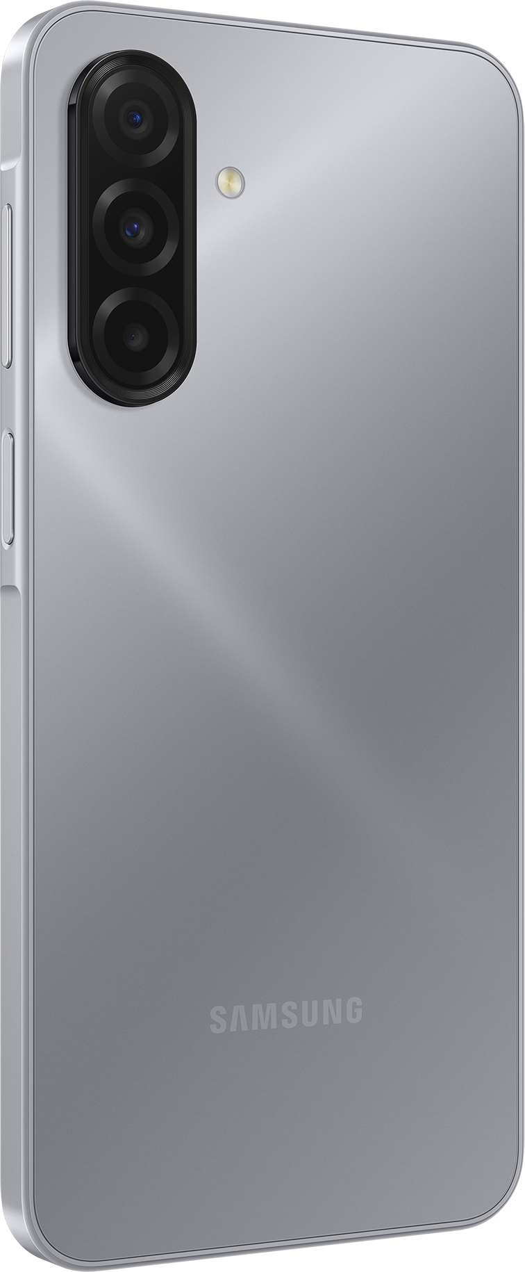 Rückseite eines silbernen Smartphones mit drei Kameras und einem Blitz. Das Samsung-Logo ist sichtbar. Die Seite hat Tasten.