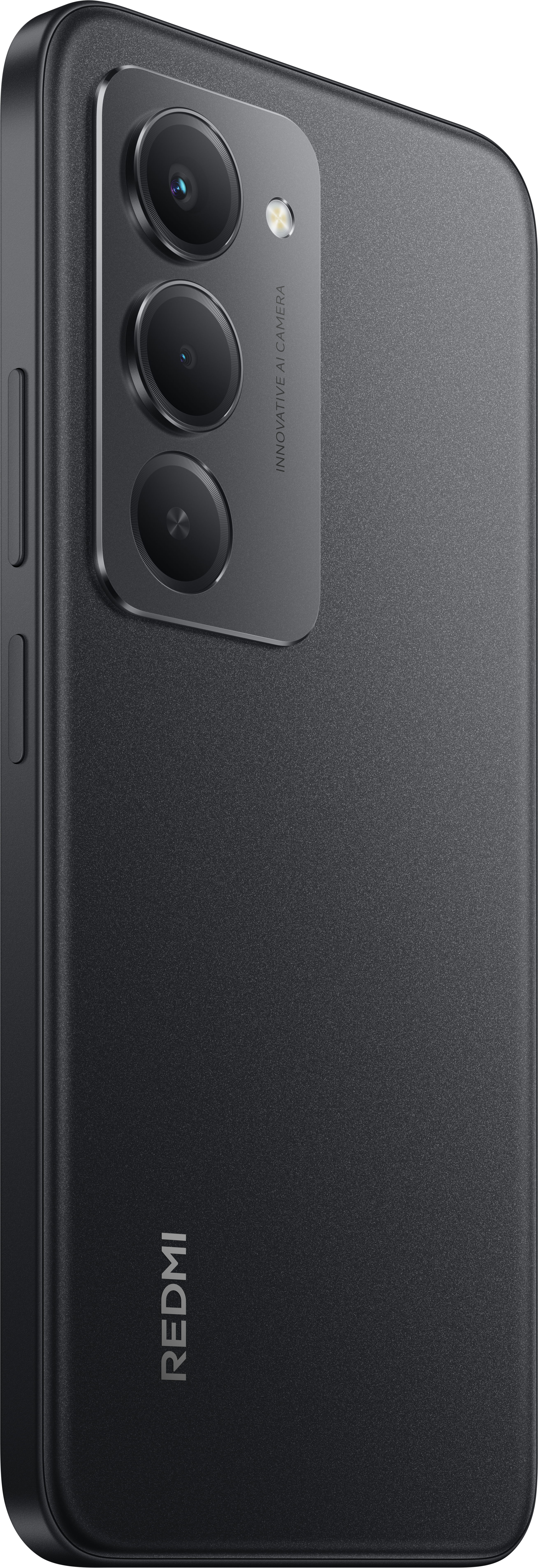 Schwarze Smartphone-Rückseite mit drei Kameras, Blitz und Redmi-Logo. Strukturierte Oberfläche. Innovative KI-Kamera.