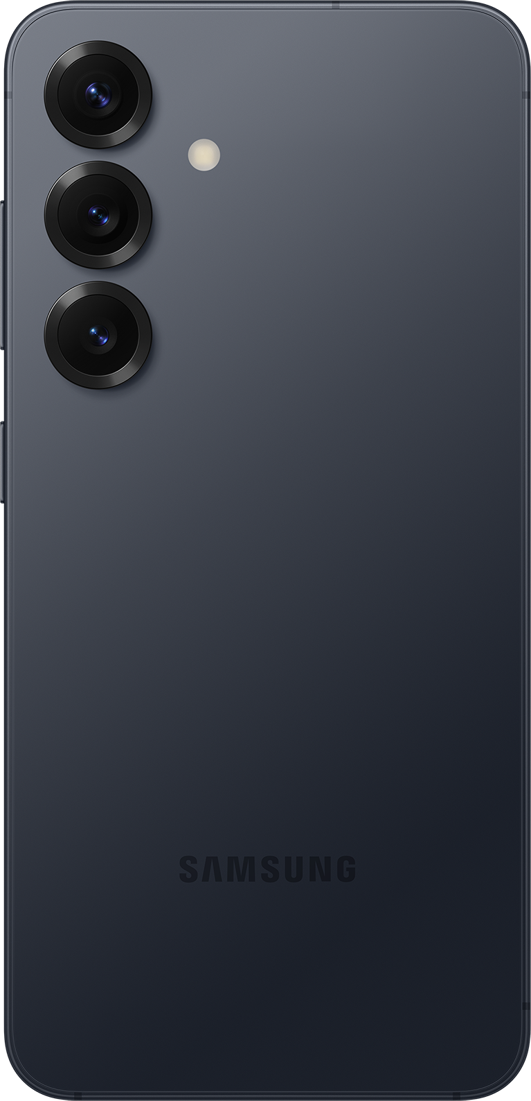 Eine dunkelblaue Smartphone-Rückseite mit drei Kameralinsen, einem Blitz und dem Samsung-Logo.