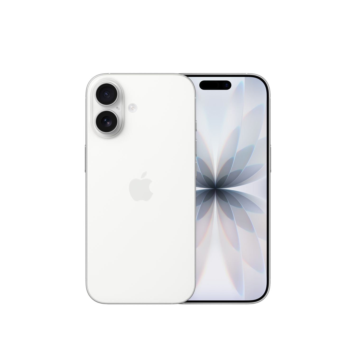 Weißes Smartphone, Vorder- und Rückseite. Rückseite mit Kameras und Apple-Logo. Bildschirm zeigt abstraktes, blütenartiges Design.