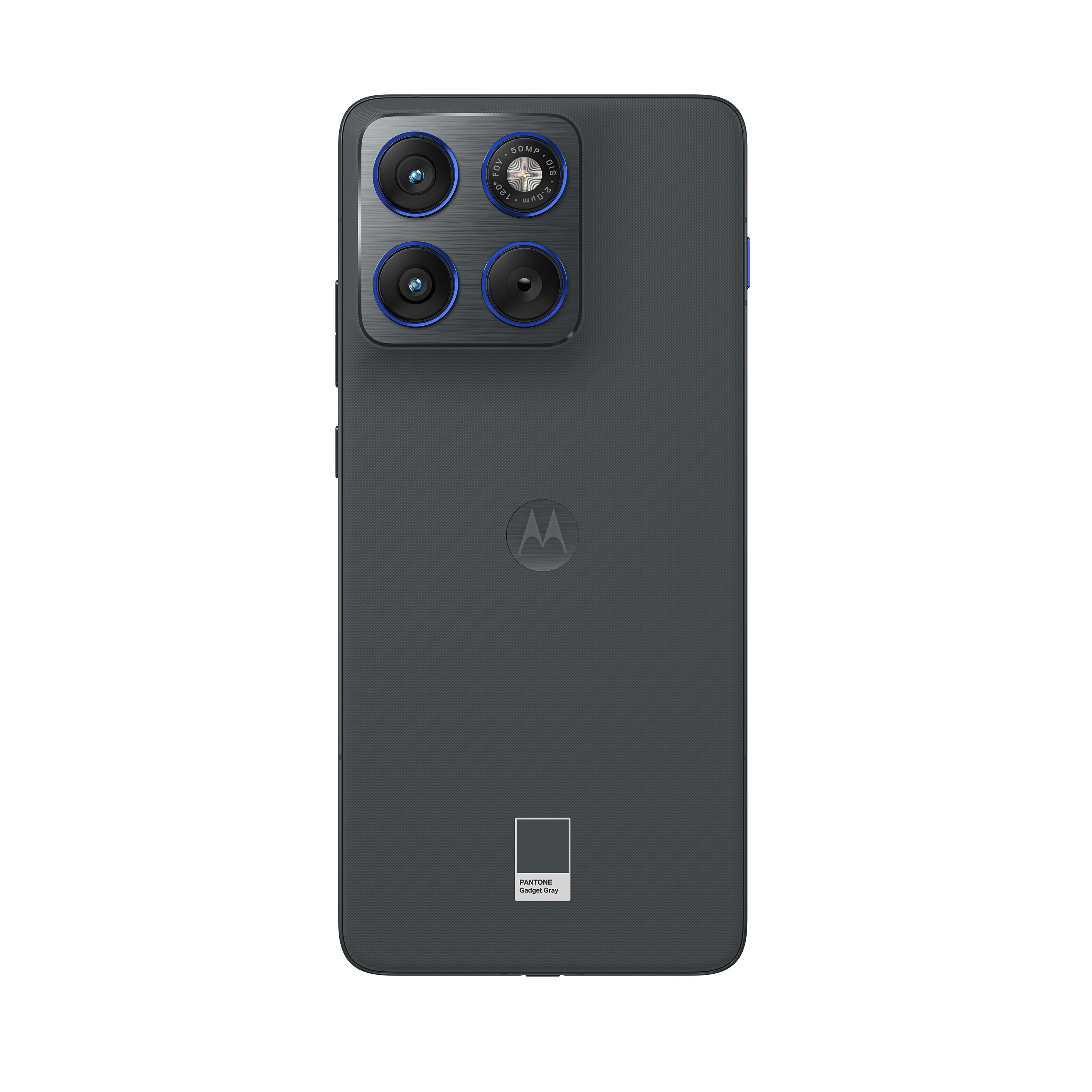 Rückseite eines grauen Smartphones. Es hat eine Kamera mit blauen Akzenten, ein Motorola-Logo und ein Pantone-Farbetikett.