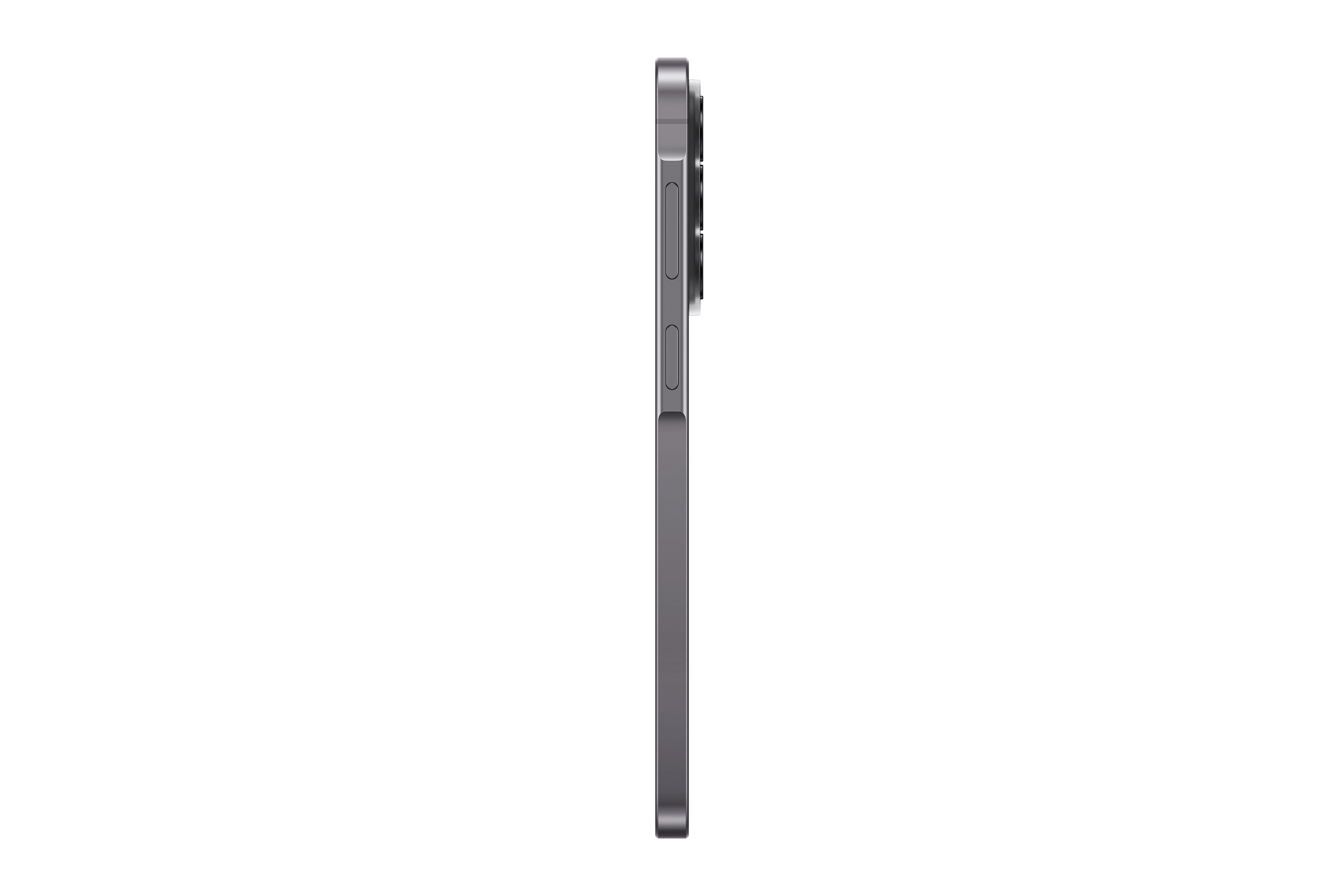 Graues Smartphone im Profil auf schwarzem Hintergrund, mit Kameras.