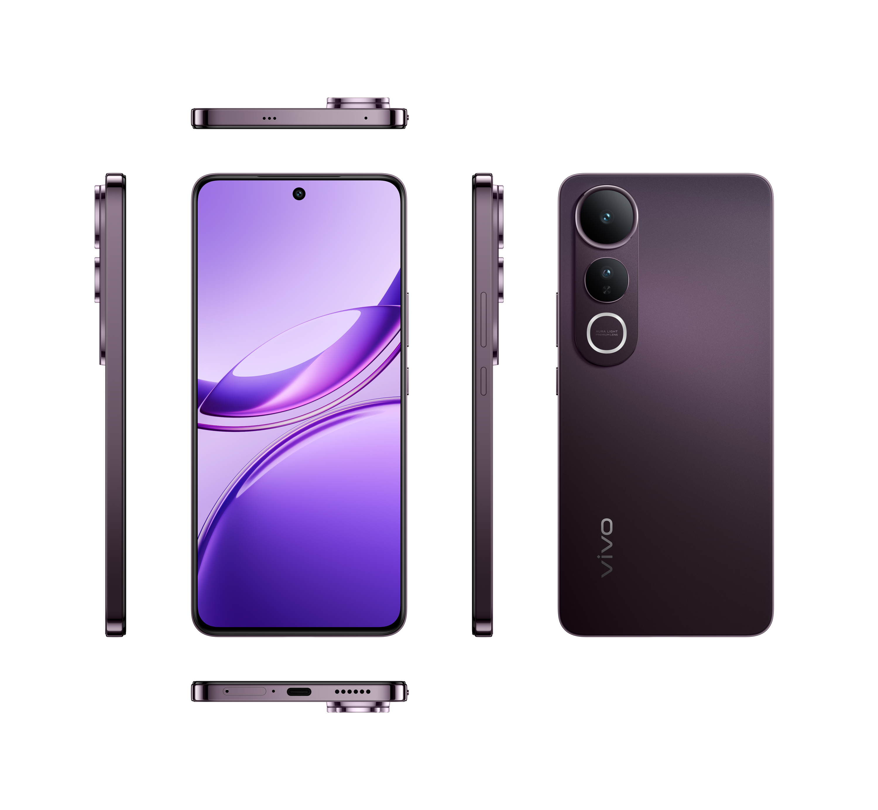 Lila Smartphone mit mehreren Winkeln: vorne, Seiten und hinten. Dreifach-Kamera.