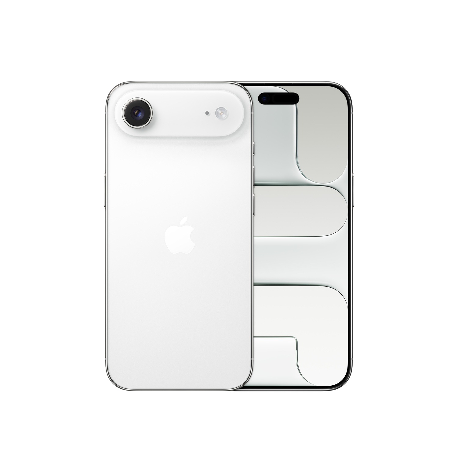 Weißes Smartphone mit zwei Kameras und dem Apple-Logo. Der Bildschirm zeigt eine glänzende, reflektierende Oberfläche.