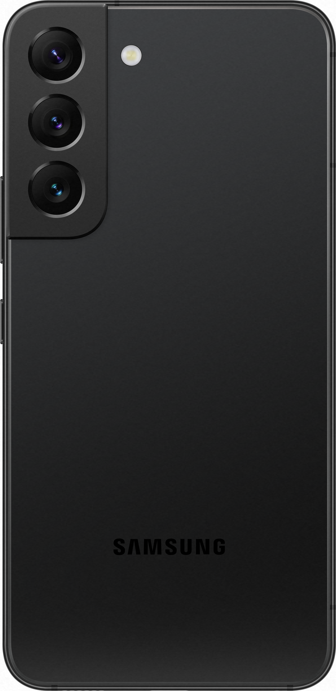 Rückseite eines schwarzen Telefons mit Samsung-Logo und drei Kameras.