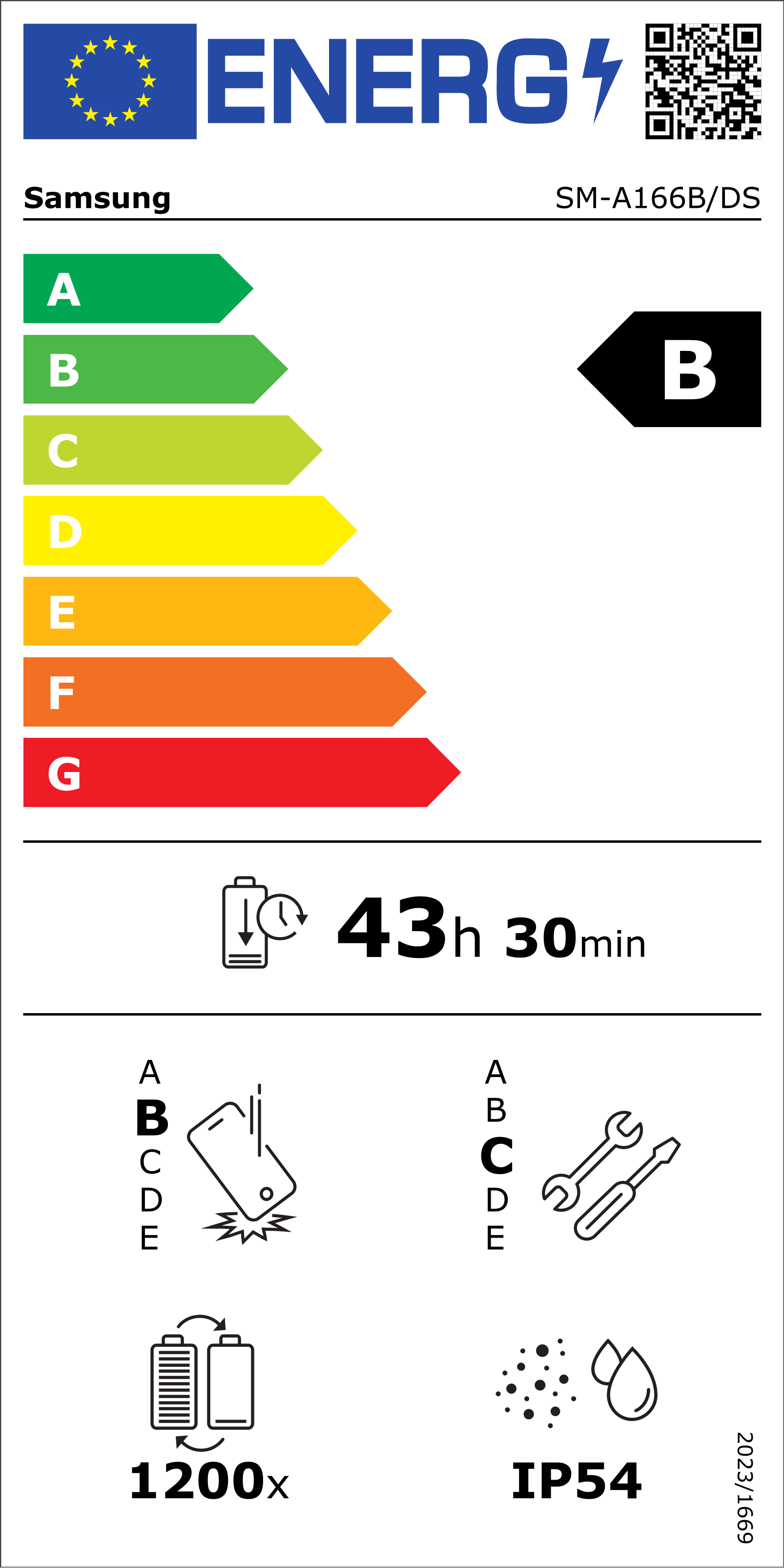 Energielabel für Samsung-Telefon. Zeigt Energieeffizienzklassen A bis G, ein Batteriesymbol mit 43h 30min und andere Symbole.