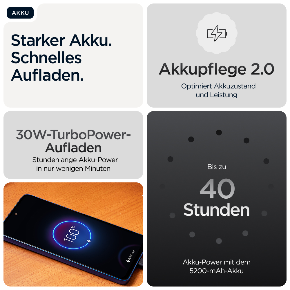 Das Bild zeigt Batterieinformationen: starker Akku, schnelles Laden, 30W TurboPower und 40 Stunden Leistung.