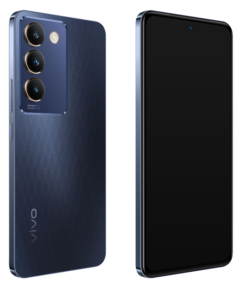 Zwei Smartphones, eines zeigt Rückseite mit Kameras, das andere zeigt schwarzen Bildschirm. Blaue Farbe.