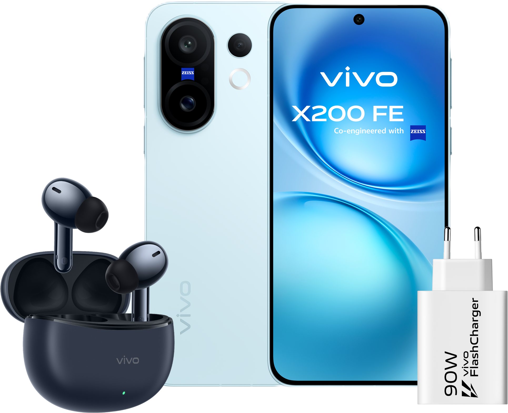 Ein Vivo X200 FE-Telefon, Ohrhörer und ein Ladegerät auf dunklem Hintergrund. Das Telefon hat eine hellblaue Rückseite und einen Bildschirm.