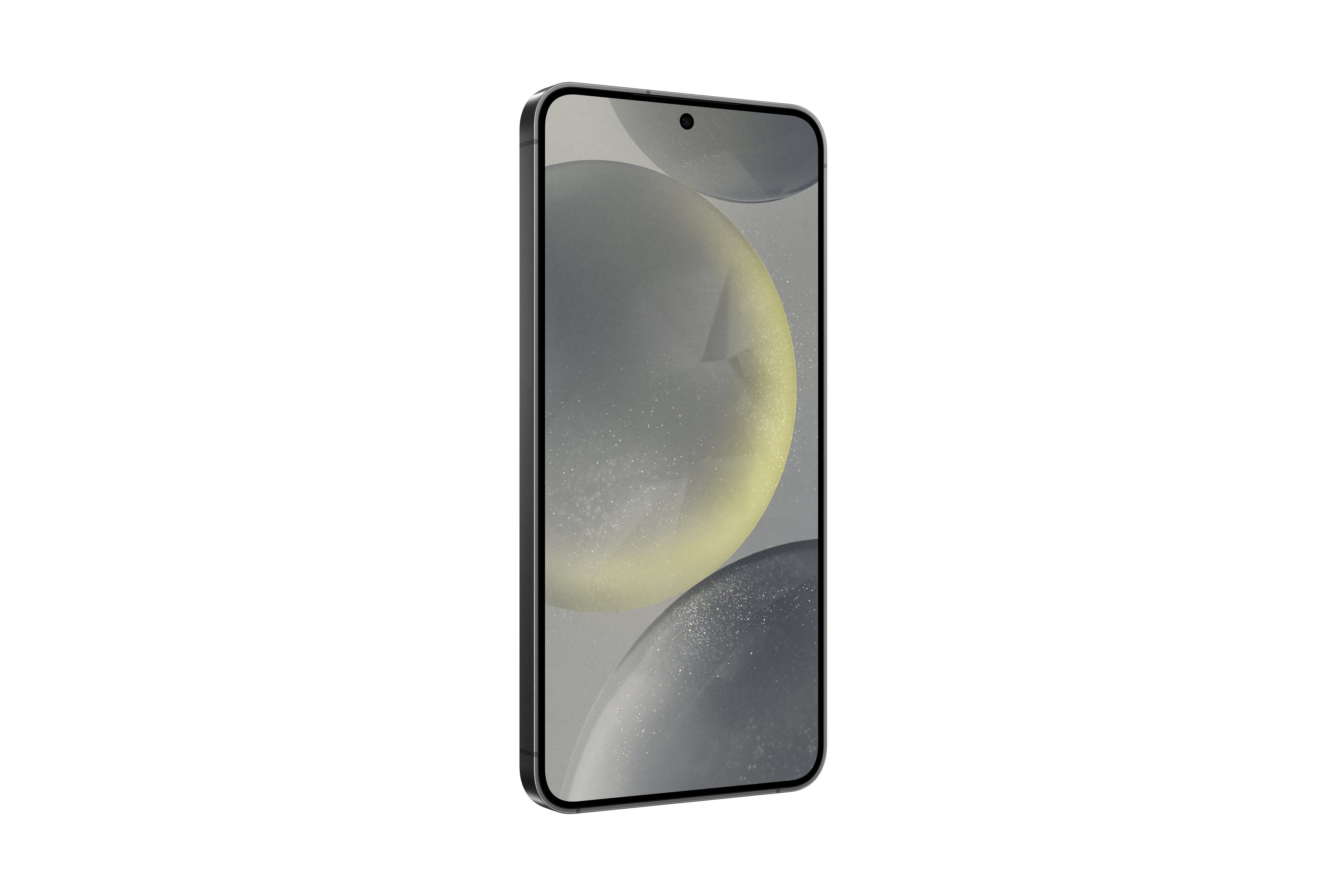 Ein schwarzes Smartphone mit einem Bildschirm, der abstrakte Kugeln zeigt. Das Telefon ist leicht gedreht.