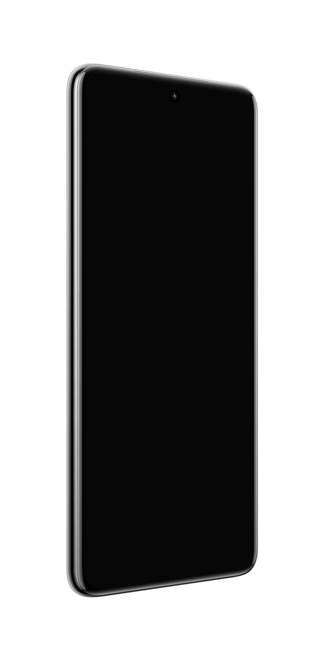 Ein schwarzes Smartphone, Seitenansicht, mit schwarzem Bildschirm. Silberner Rahmen, minimalistisches Design.