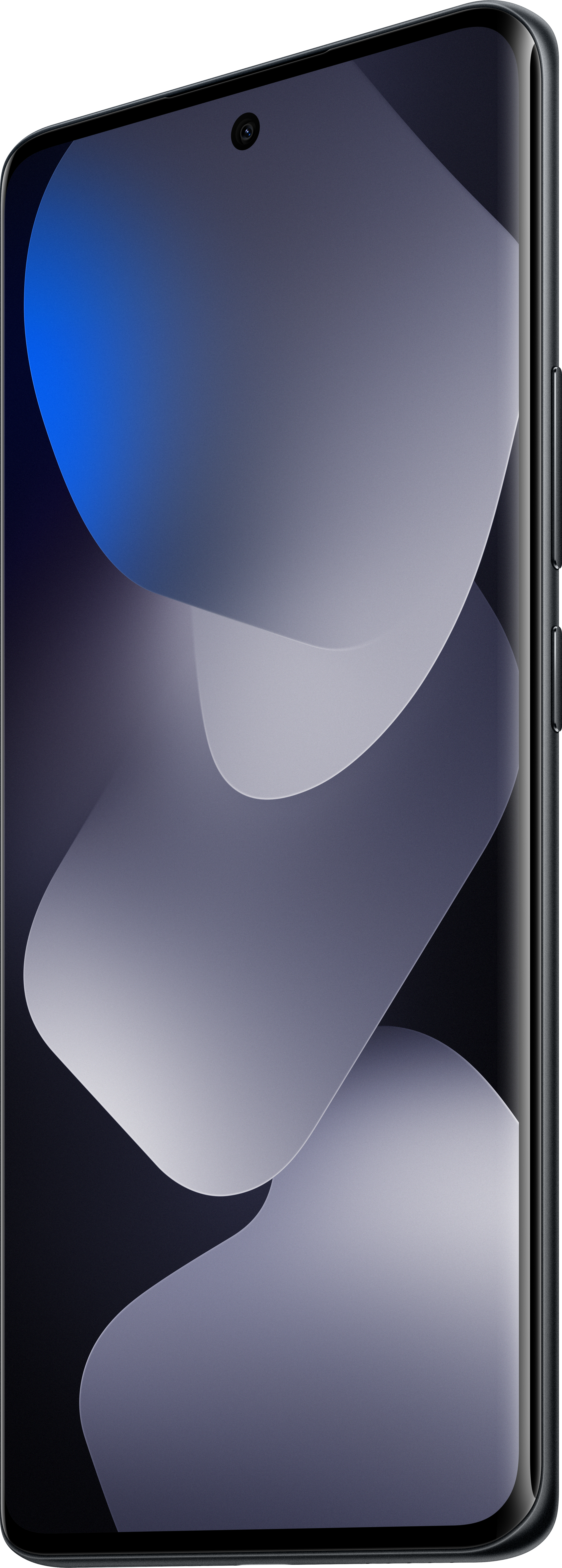 Ein Smartphone mit einem abstrakten Design. Der Bildschirm zeigt fließende, graue und blaue Formen auf dunklem Hintergrund.