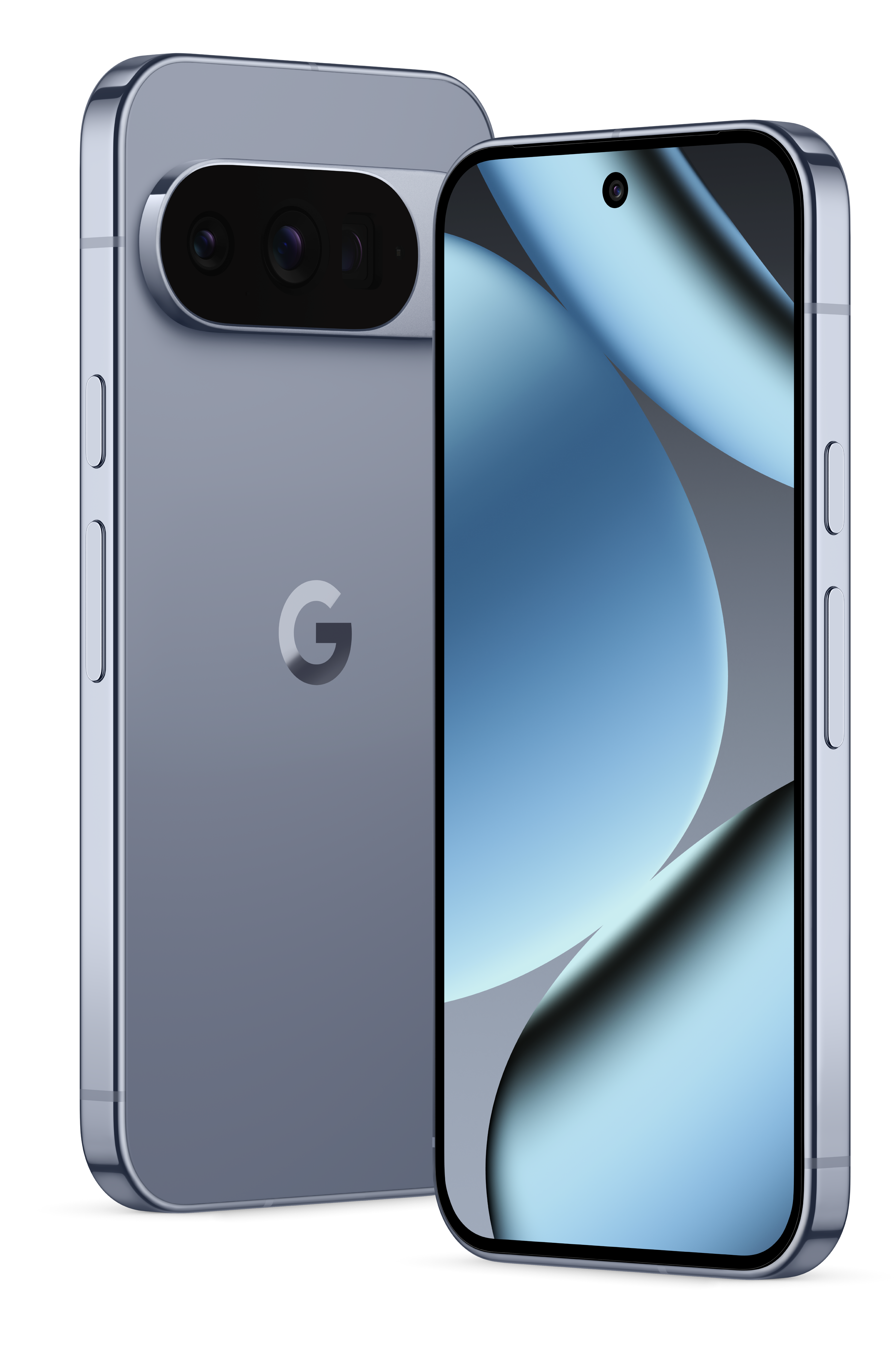 Ein Smartphone mit hellblauem Finish wird gezeigt und präsentiert Kamera, Bildschirm und das Google-Logo.