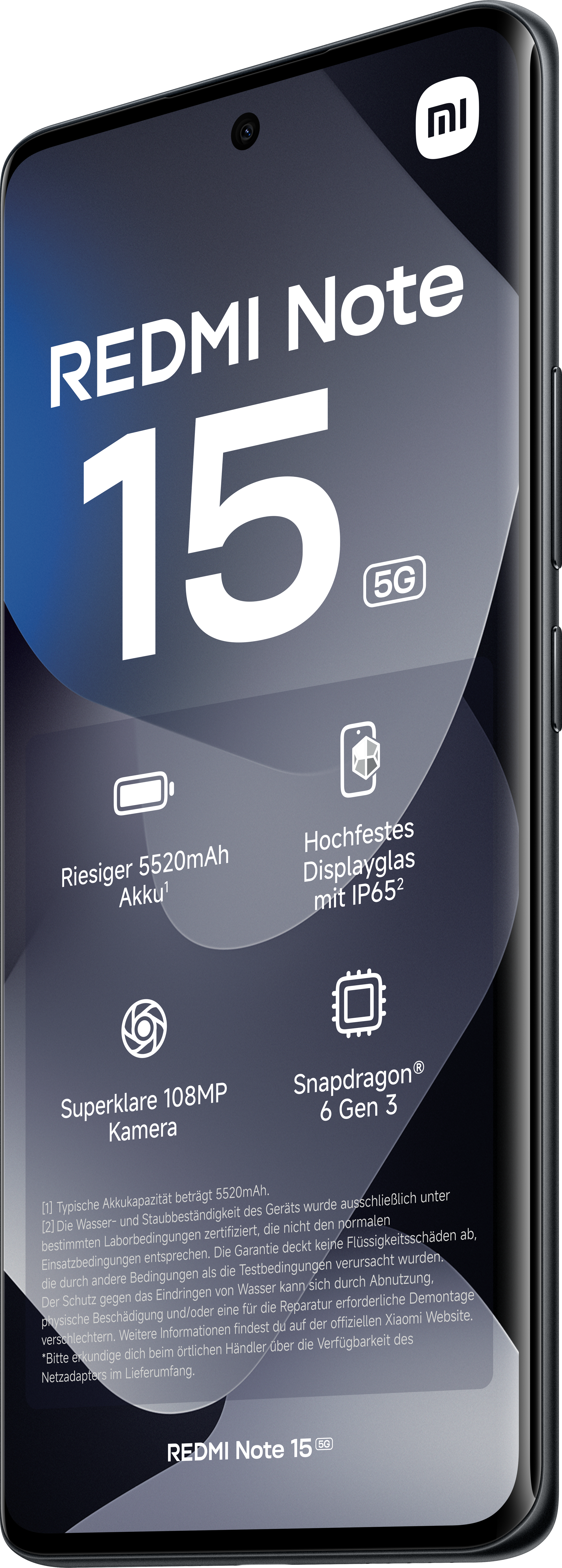 Ein Redmi Note 15-Handy wird angezeigt. Zu den Merkmalen gehören ein großer Akku, ein robustes Display und eine 108MP-Kamera.