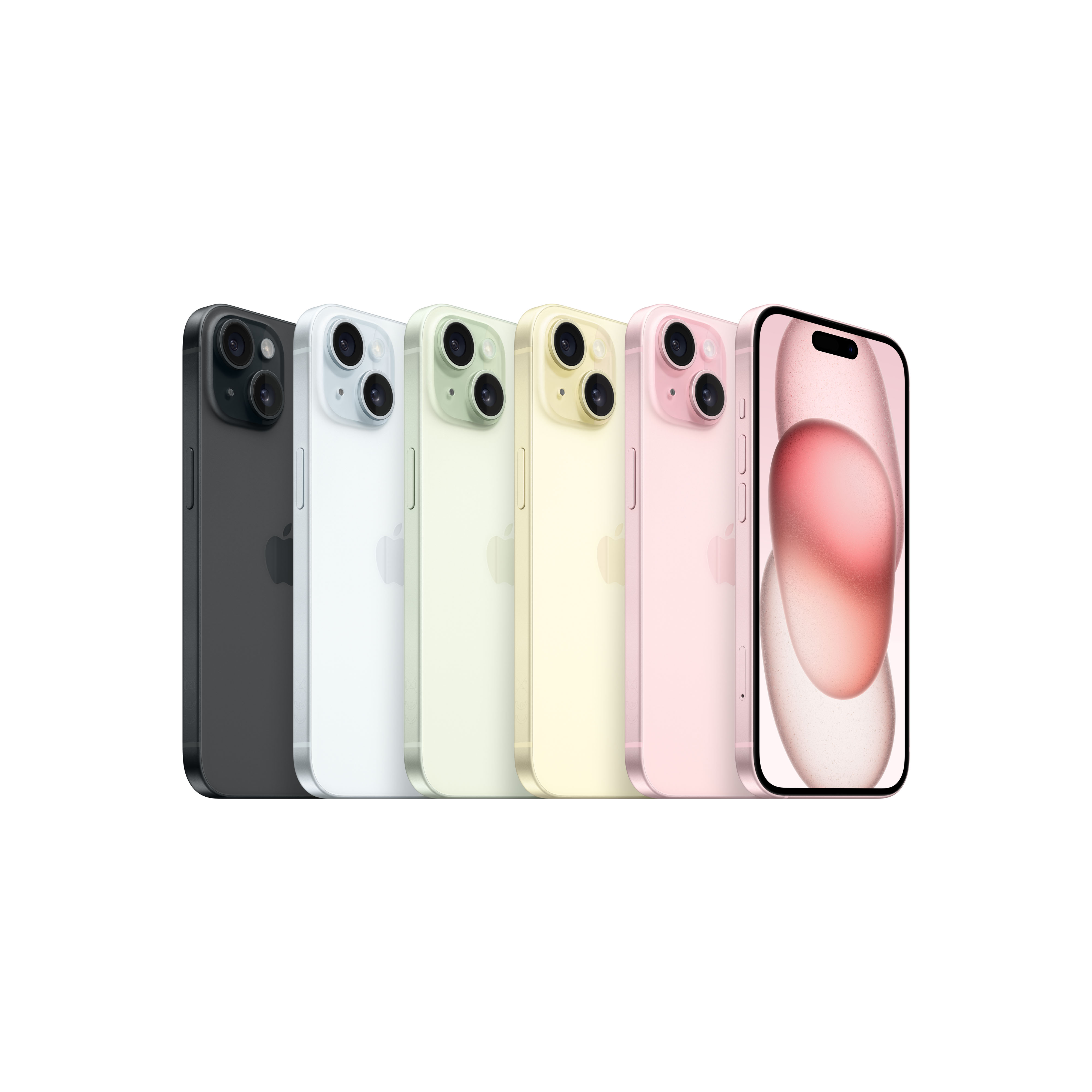 Eine Reihe farbenfroher Smartphones, jedes mit einem schwarzen Kamerabuckel und Bildschirm.