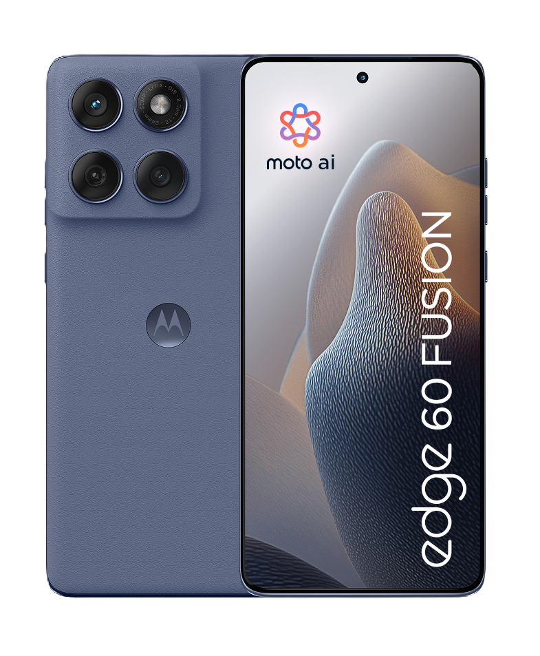 Rückseite eines blauen Smartphones mit vier Kameras und dem Moto AI Logo. Der Bildschirm zeigt den Schriftzug Edge 60 Fusion.