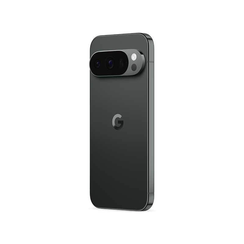 Ein schwarzes Smartphone mit drei Kameralinsen und dem Google-Logo. Das Telefon hat ein schlankes Design mit einer metallischen Kameraleiste.