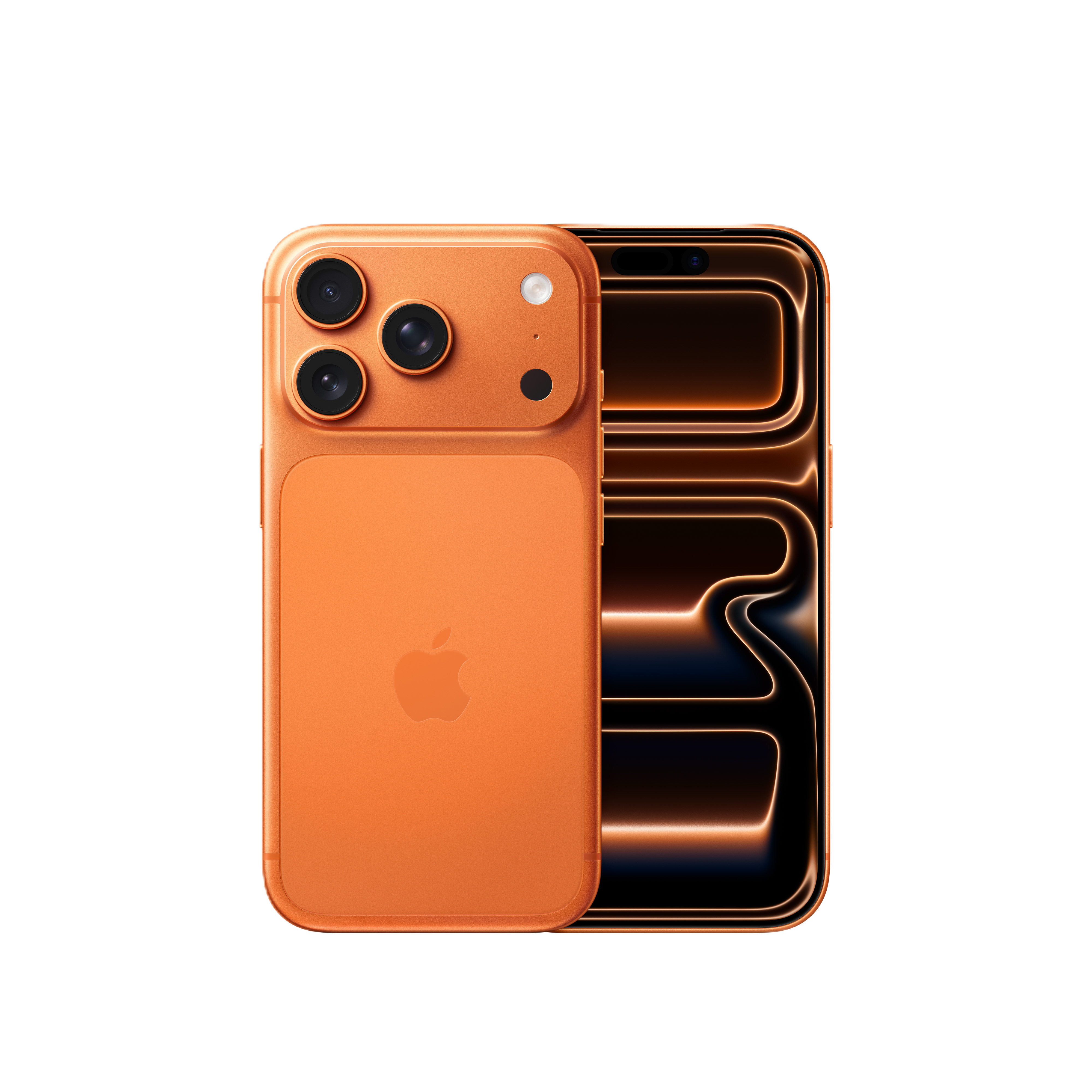Ein orangefarbenes Smartphone mit Dreifach-Kamera und Seitenansicht eines Bildschirms mit neonartigen Linien auf schwarzem Hintergrund.