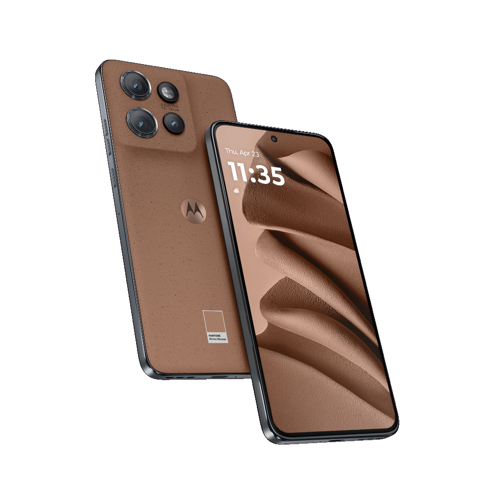 Zwei braune Smartphones. Eines mit Leder-Rückseite und das andere zeigt einen bunten abstrakten Hintergrund.
