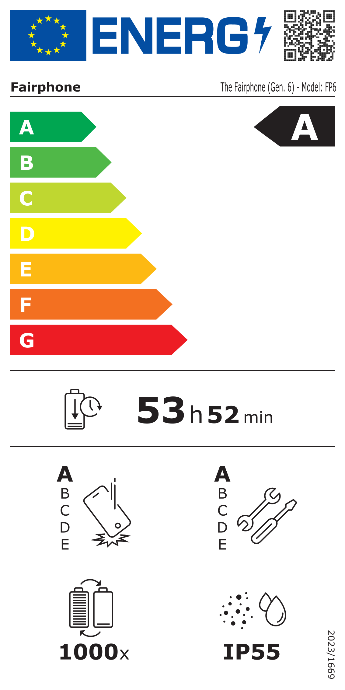 Fairphone-Energielabel mit den Bewertungen A-G. Zeigt 53h 52min. Icons von Telefon, Werkzeugen und Batterien.