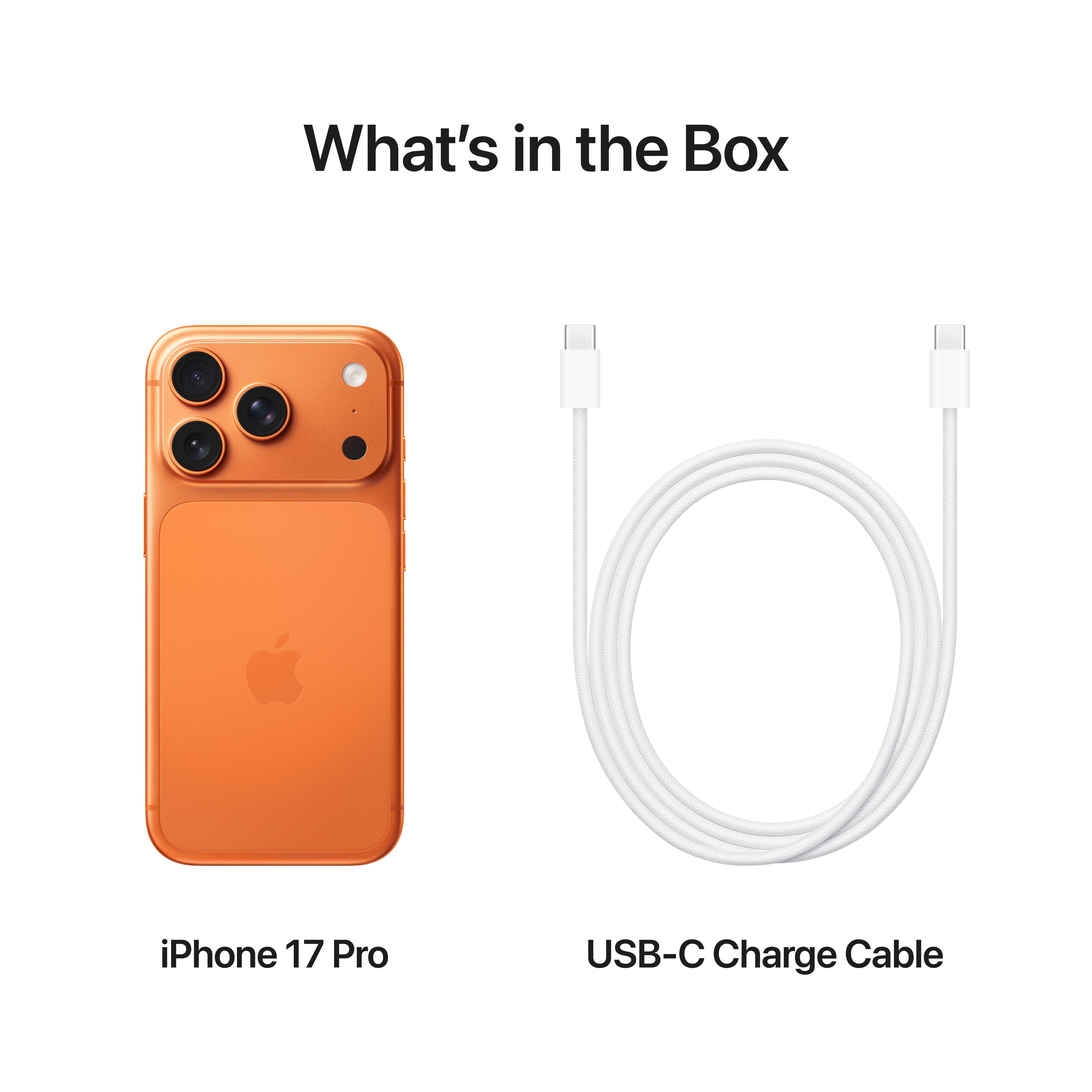 Ein oranges iPhone 17 Pro und ein weißes USB-C-Kabel auf weißem Hintergrund. Text: 'Was ist in der Box'.