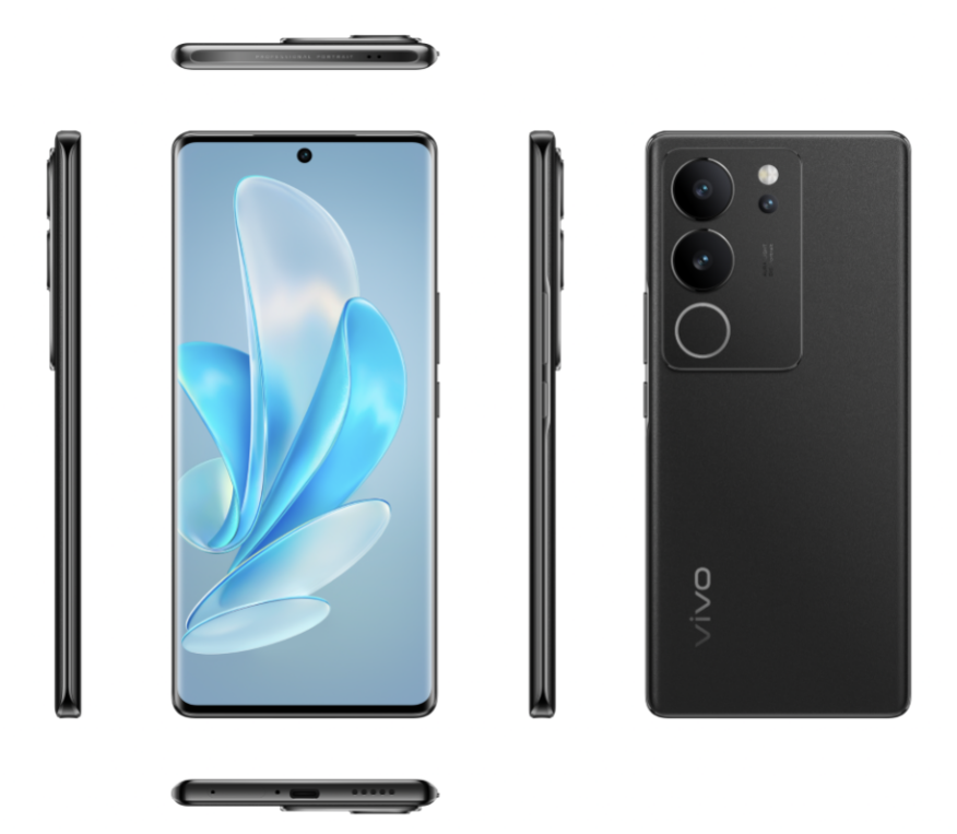 Schwarzes Vivo-Telefon mit mehreren Ansichten. Vorder-, Seiten- und Rückansichten vor weißem Hintergrund.