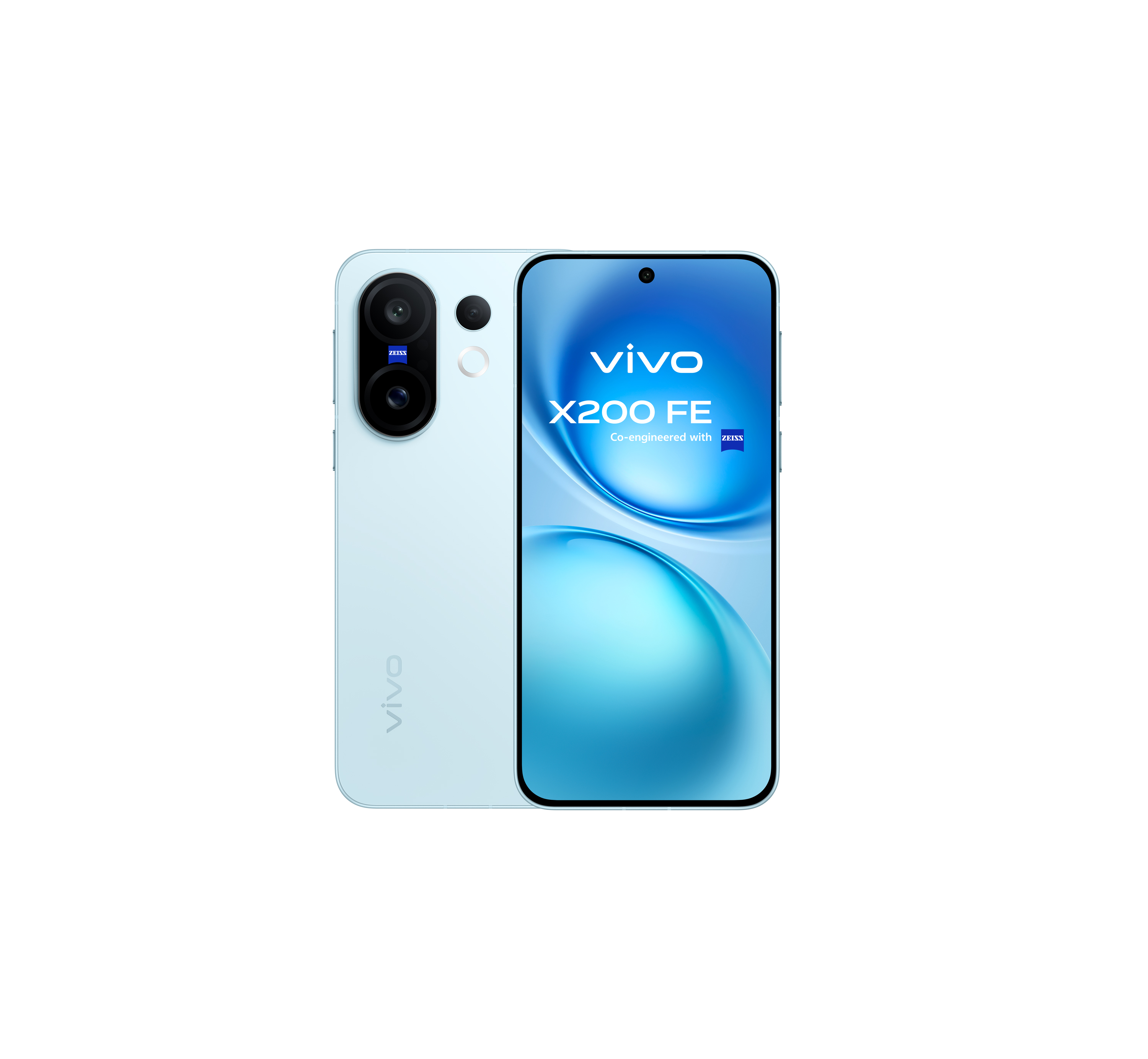 Ein hellblaues Vivo X200 FE-Smartphone wird angezeigt. Der Bildschirm zeigt das Vivo-Logo und das Zeiss-Branding. Das Telefon befindet sich auf weißem Hintergrund.