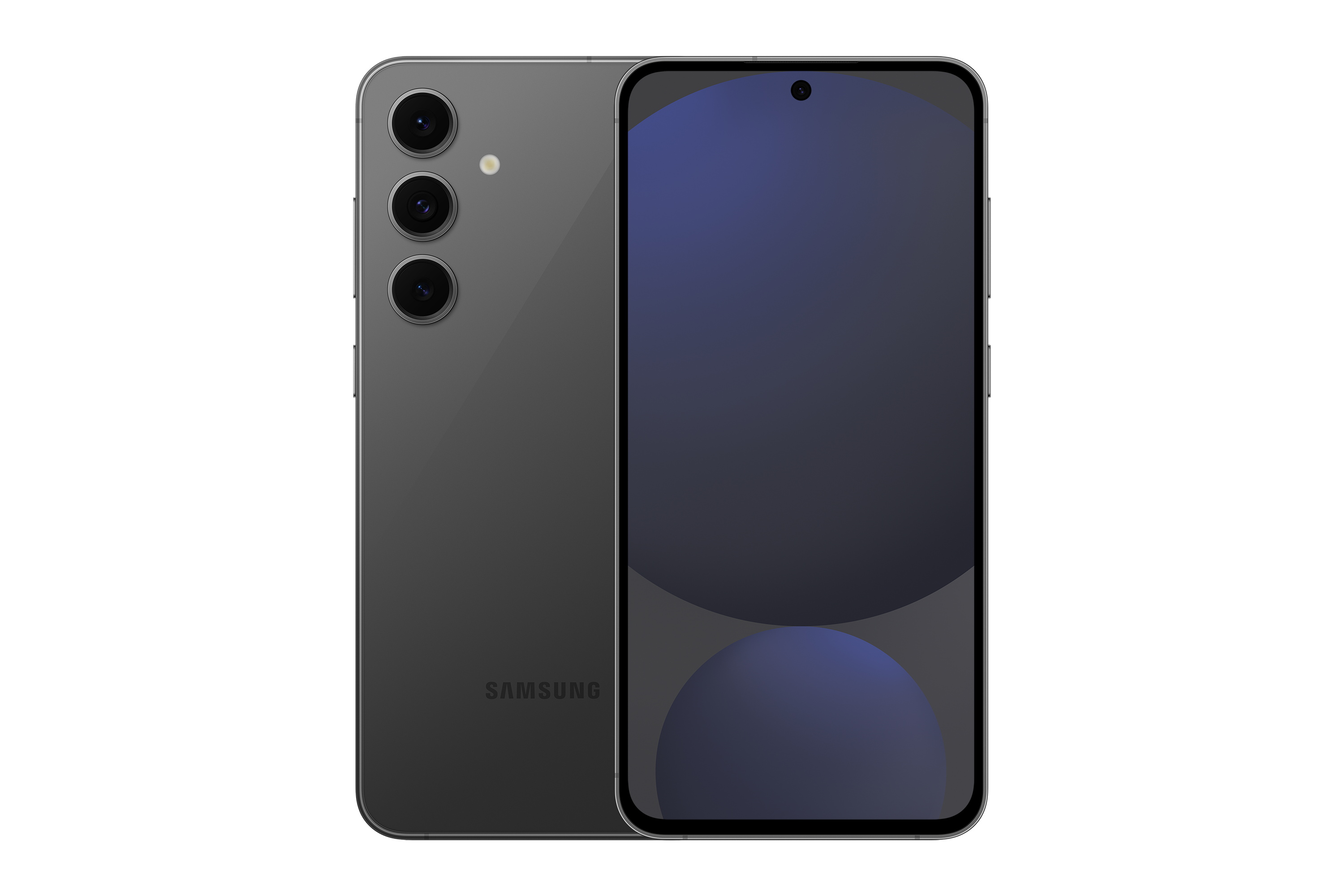 Dunkelgraues Samsung-Smartphone, Vorder- und Rückansicht, auf schwarzem Hintergrund.