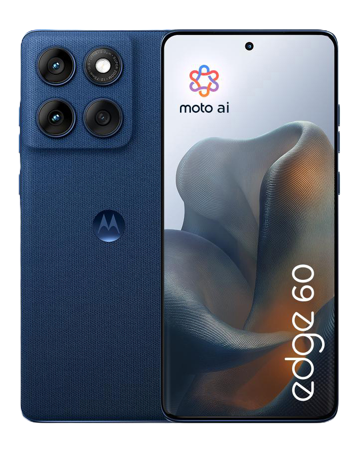 Blaues Smartphone mit drei Kameras und dem Logo "moto ai".