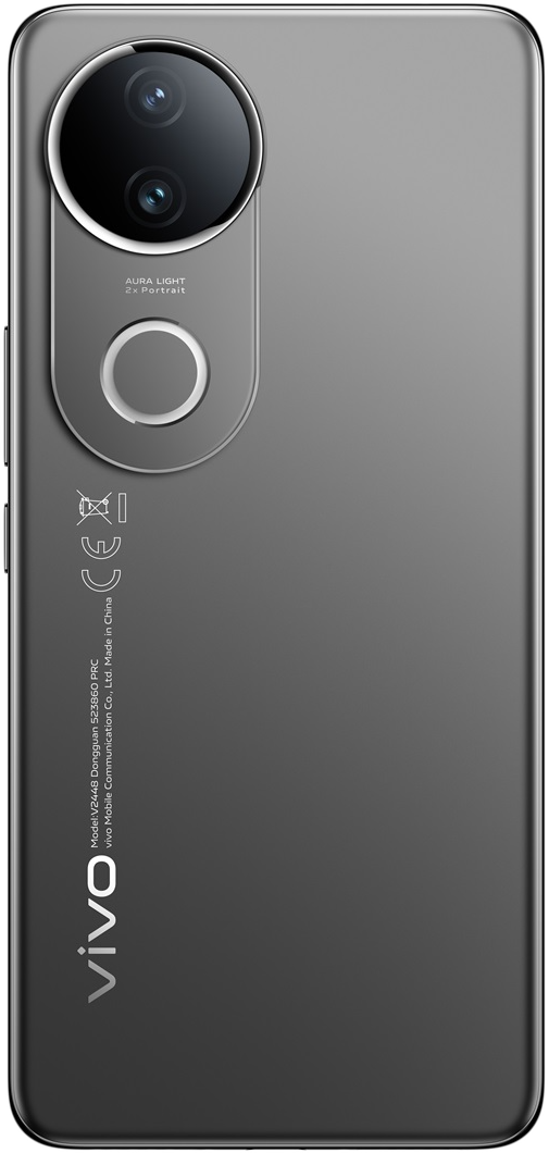 Die Rückseite eines grauen Smartphones mit Dual-Kameras und dem vivo-Logo.
