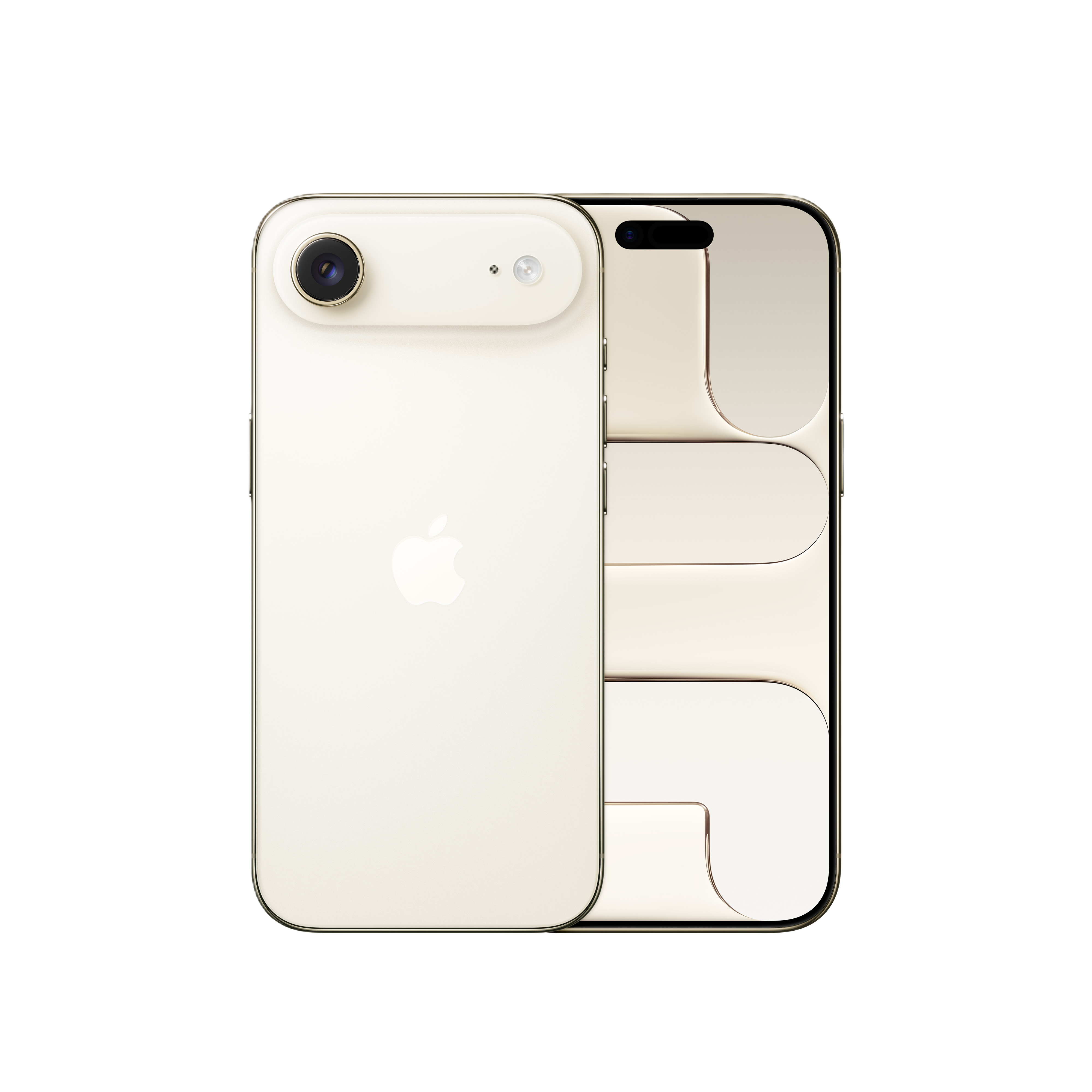 Ein goldenes Smartphone wird von vorne und hinten gezeigt. Die Kamera ist prominent, das Apple-Logo sichtbar.