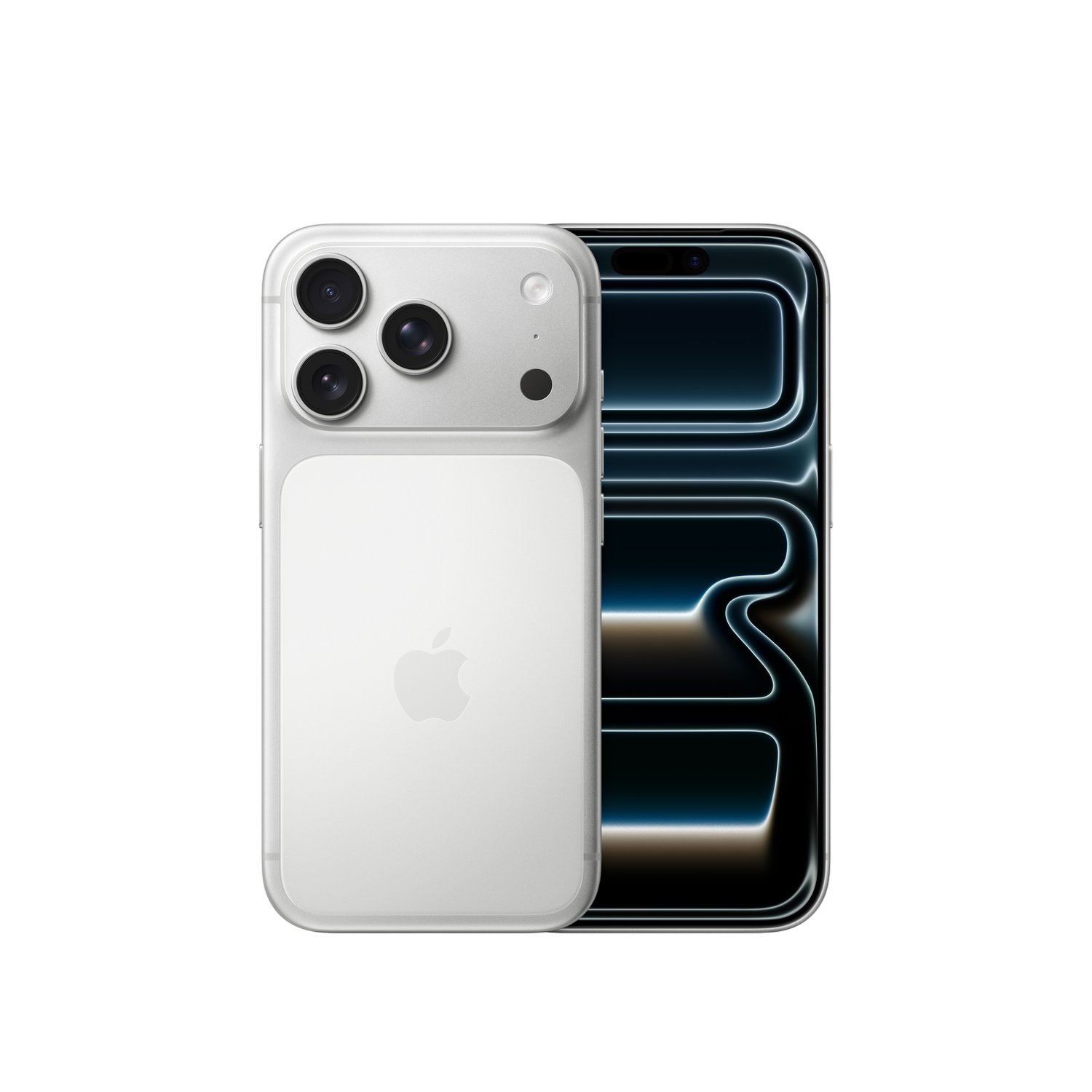 Ein weißes iPhone mit drei Kameras und Apple-Logo auf schwarzem Hintergrund. Der Bildschirm zeigt blaue und weiße Linien.