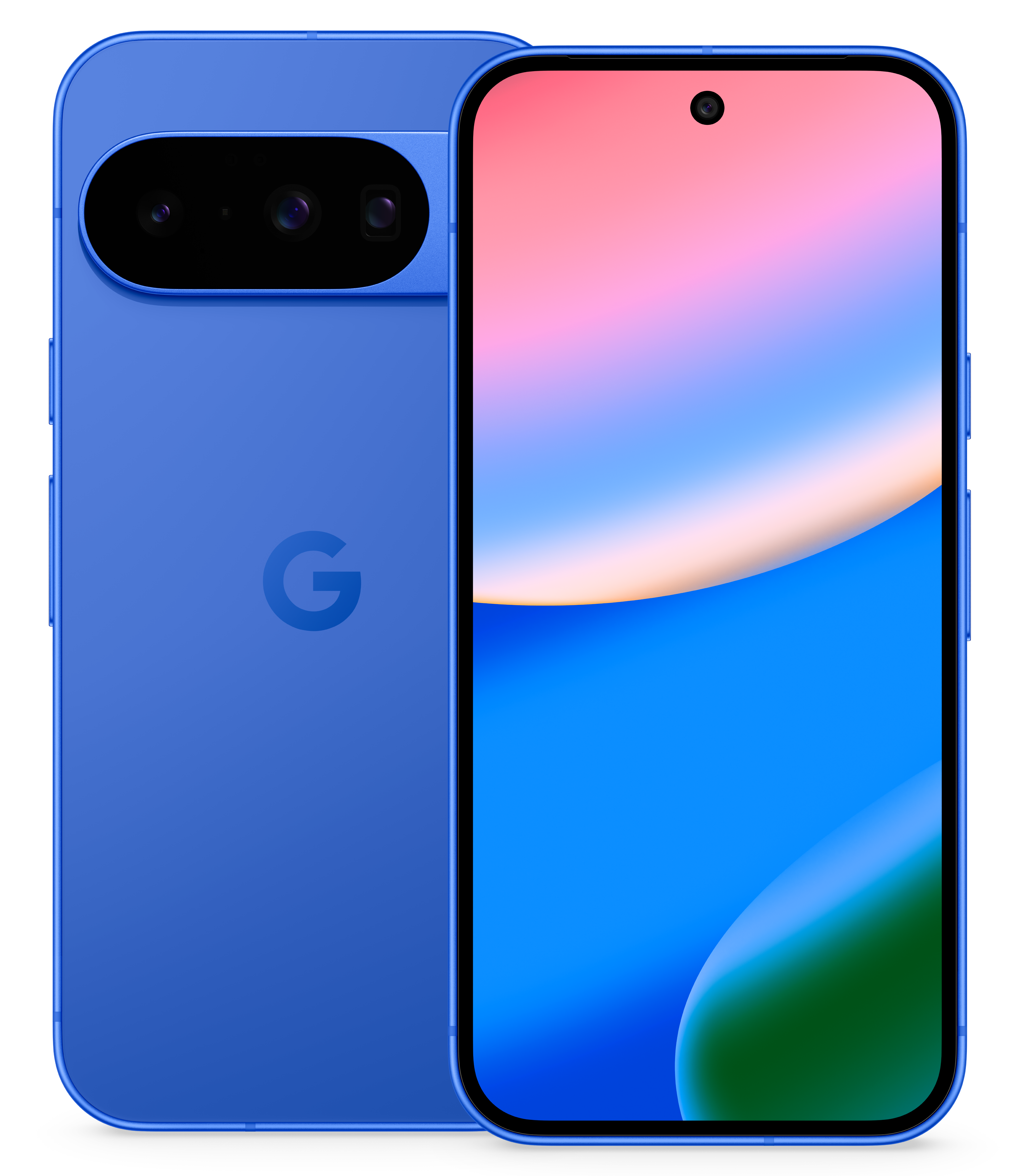 Blaues Smartphone. Die Vorderseite zeigt ein Display mit Farbverläufen. Die Rückseite hat ein Kameramodul und das Google-Logo.