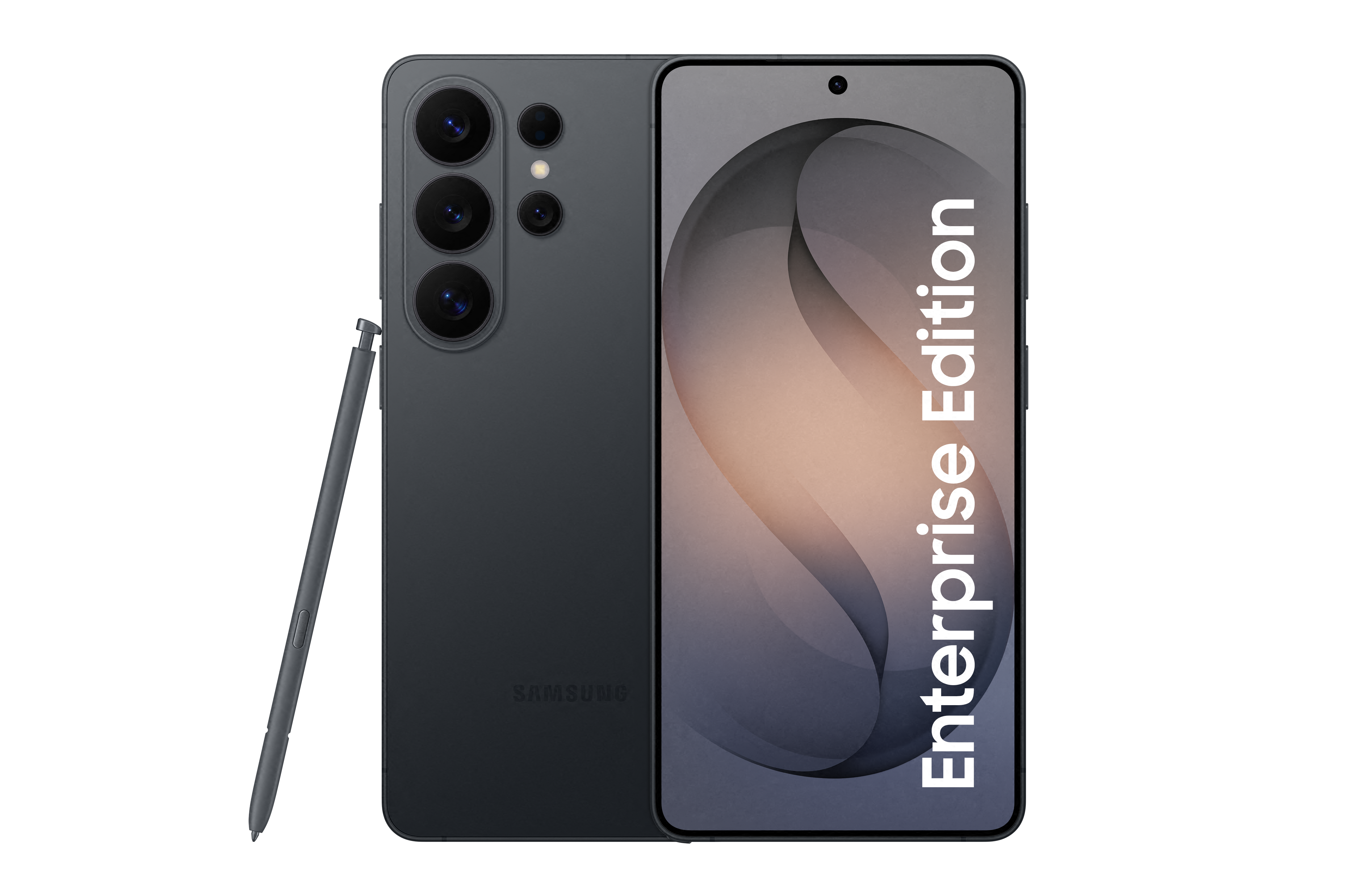 Ein dunkles Samsung Smartphone mit S-Pen und drei Kameras.