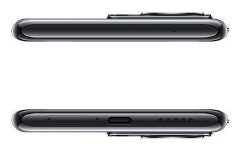 Zwei Seiten eines schwarzen Smartphones mit Tasten und Anschlüssen.