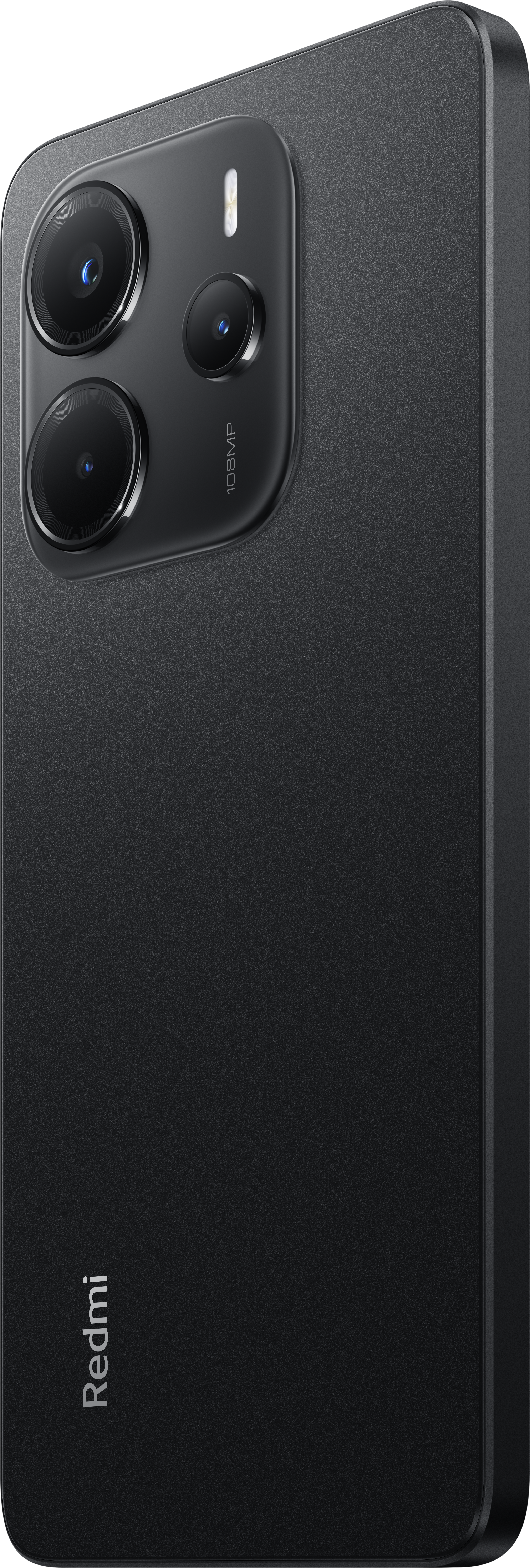 Schwarzes Smartphone mit Kamera-Array oben links. Redmi-Logo unten links. 108MP Kamera-Detail sichtbar.